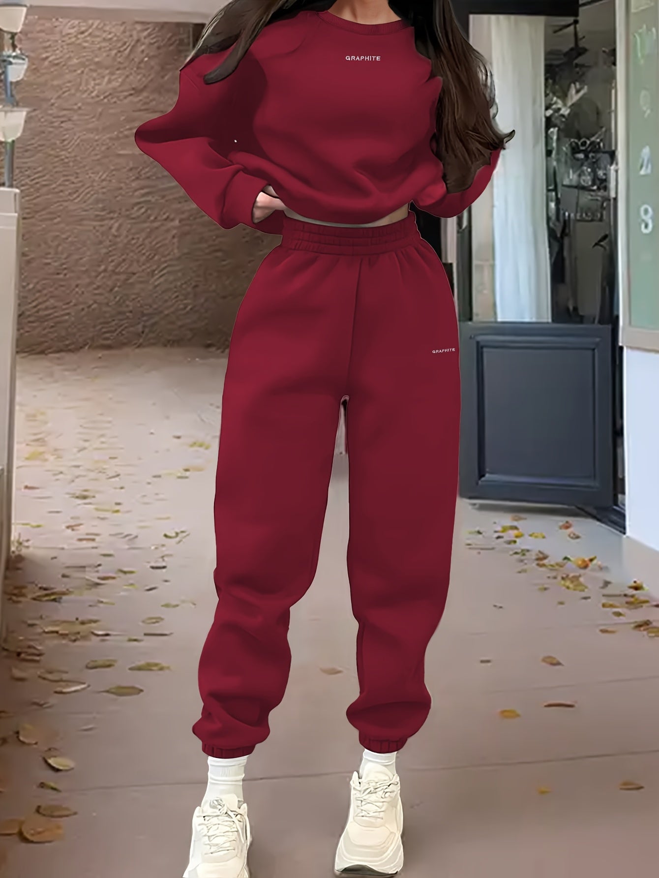 Damen-Sportset für Frühling/Herbst, 100% Polyester Langarm-Pullover mit besticktem Alphabet-Design, Rundhals-Absatzschulter Strickstoff, mittlere Dehnung, locker sitzendes Sweatshirt und Hose Set