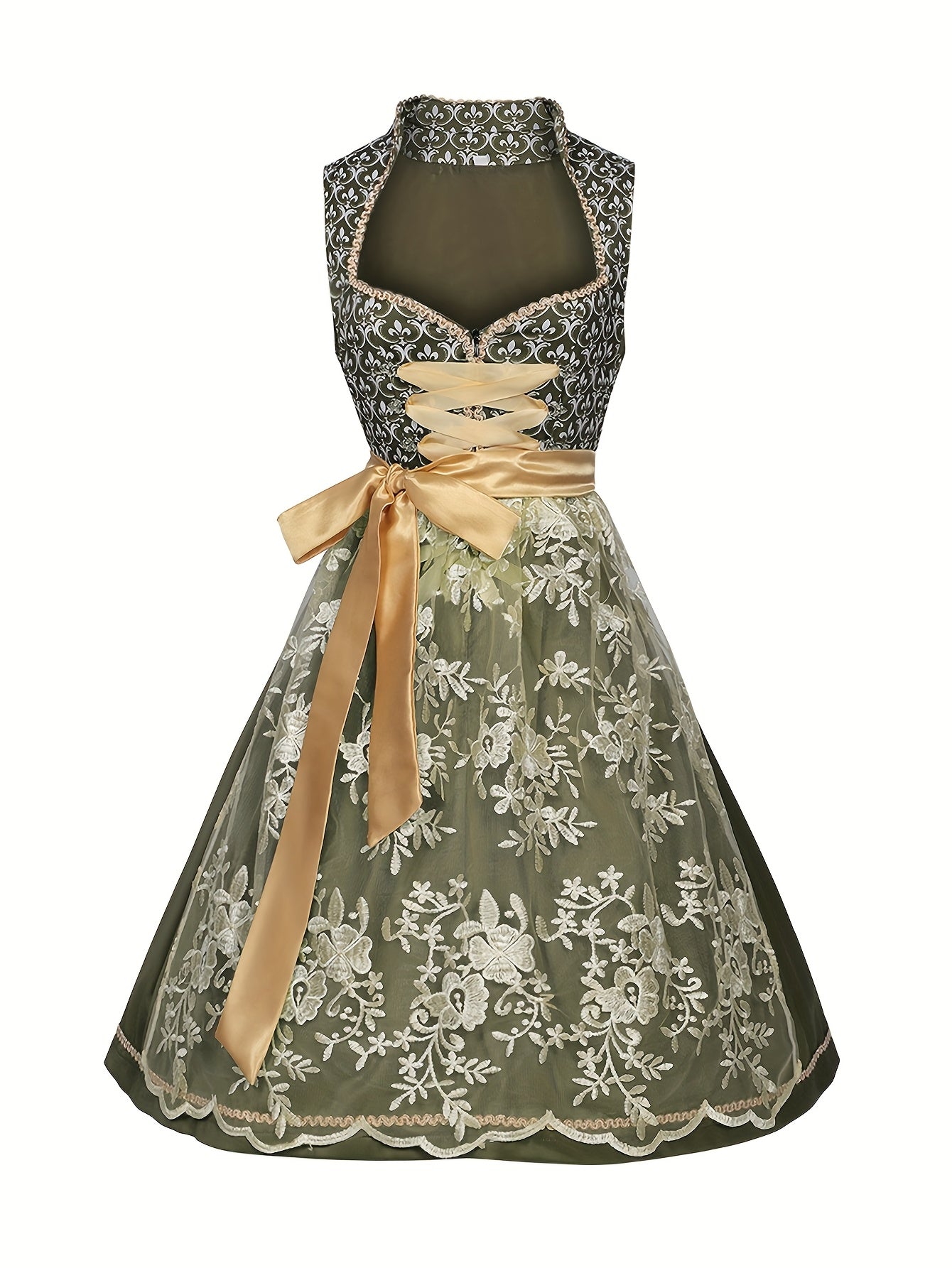 Vintage Olive Green Dirndl Dress – Alpine Style with Gold Lace & Floral Embroidery
