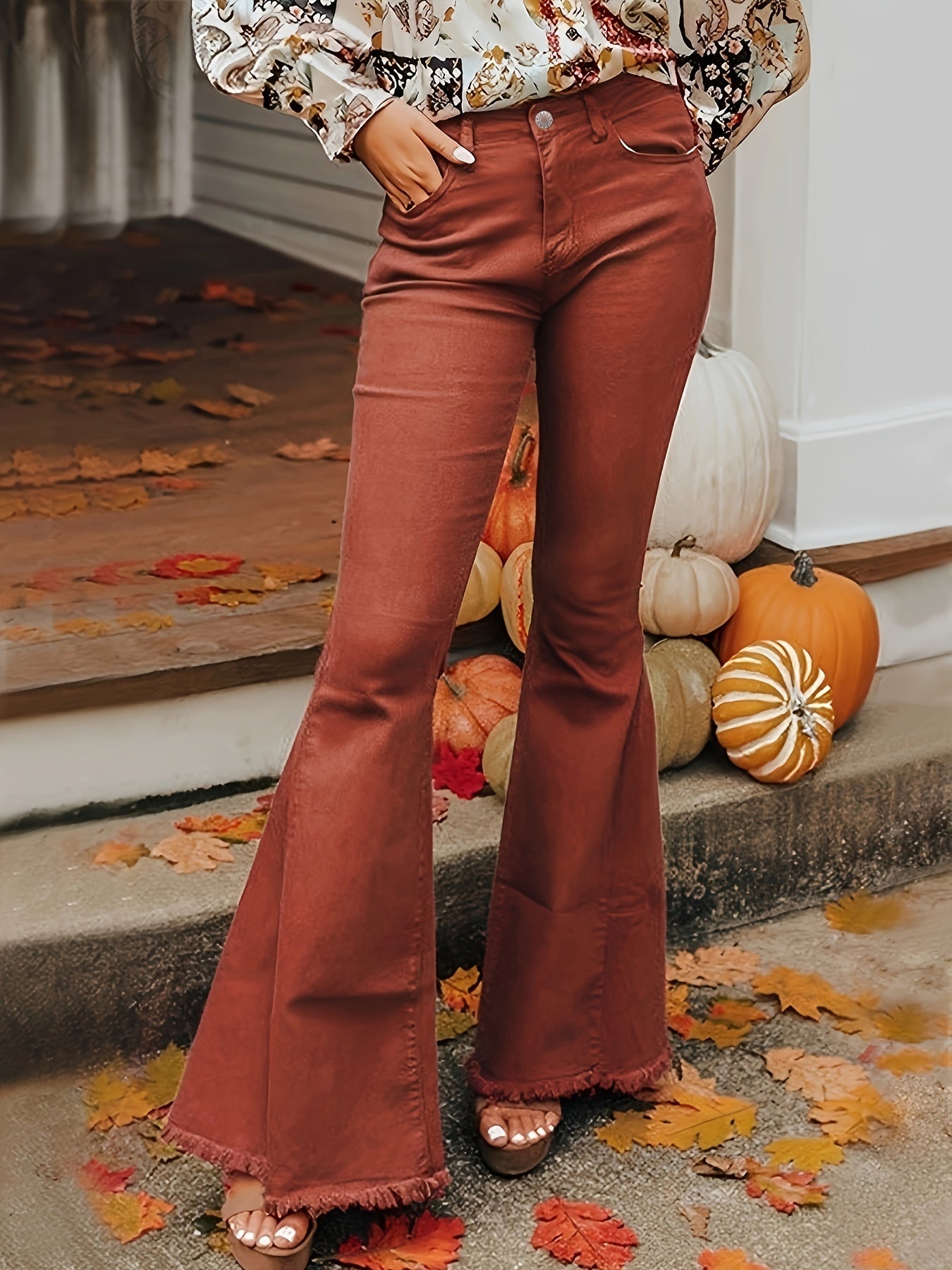 Cozy Autumn Reddish-Brown Flare Jeans – High-Rise Vintage Stretch Denim