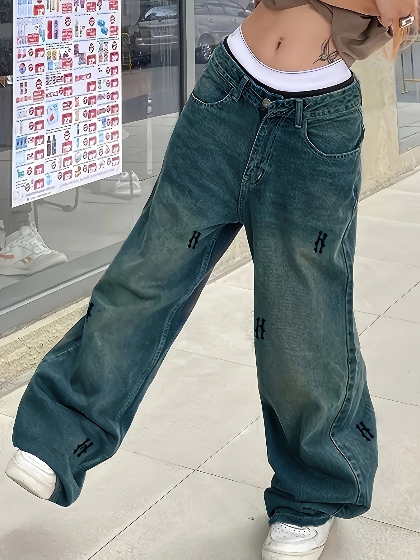 Baggy Gothic Embroidered Denim Pants – Loose-Fit Y2K Streetwear Style