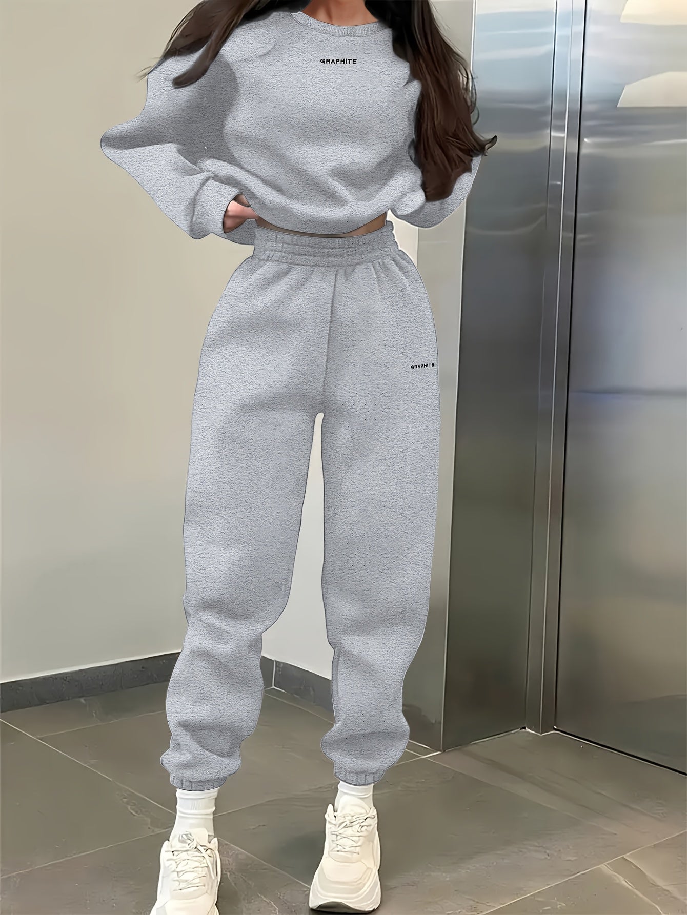 Damen-Sportset für Frühling/Herbst, 100% Polyester Langarm-Pullover mit besticktem Alphabet-Design, Rundhals-Absatzschulter Strickstoff, mittlere Dehnung, locker sitzendes Sweatshirt und Hose Set