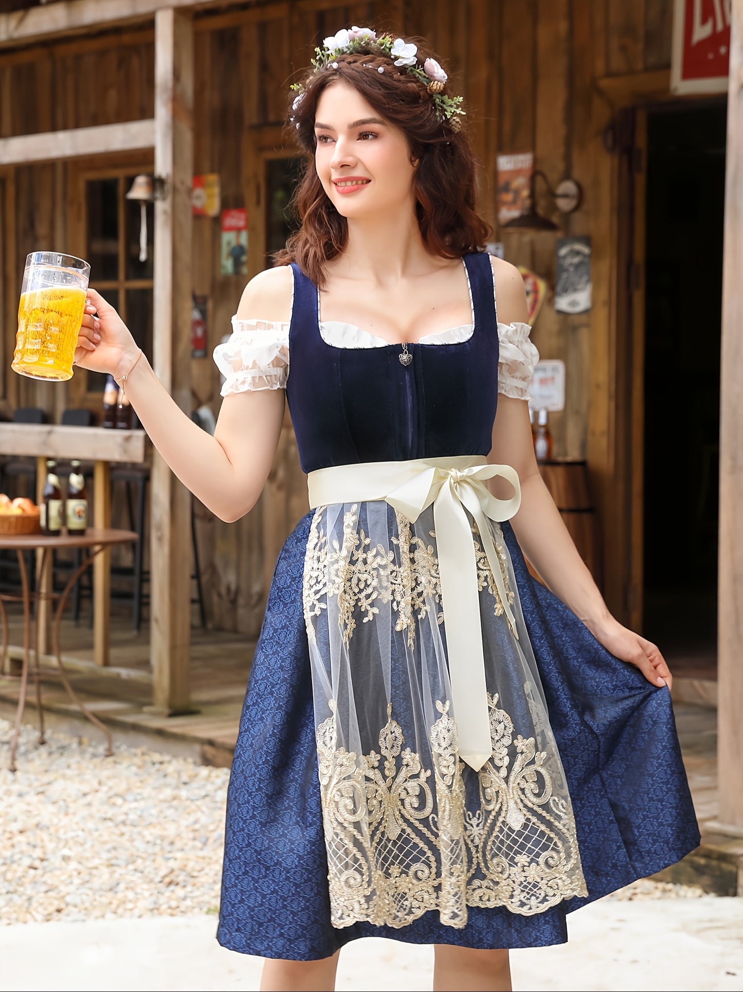 VelvetMuse Dirndl Dress – Elegant Bavarian Velvet Dress with Lace Sleeves