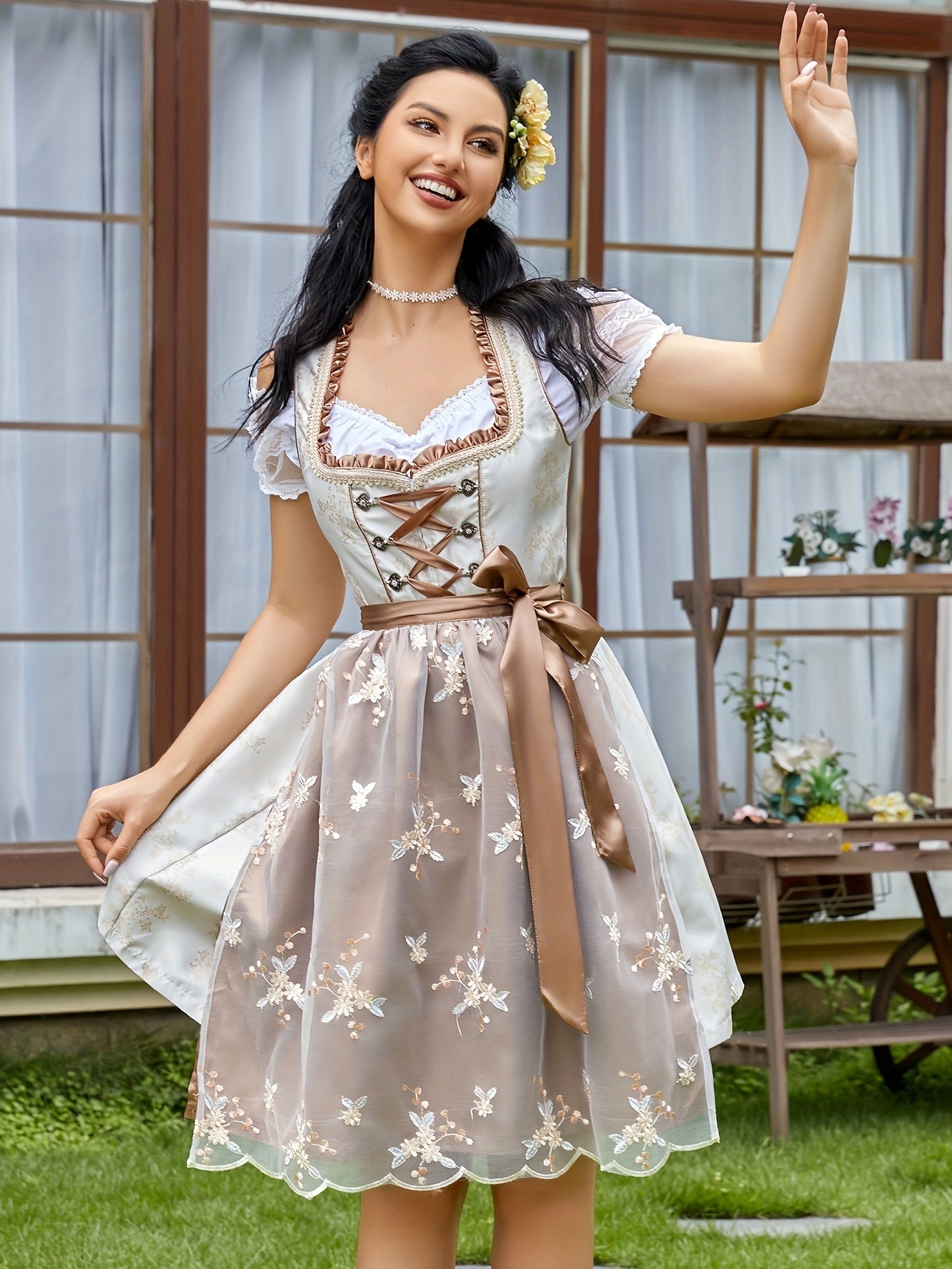 VintaLuxeDress – Traditional Dirndl Dress with Floral Embroidery and Corset Lacing
