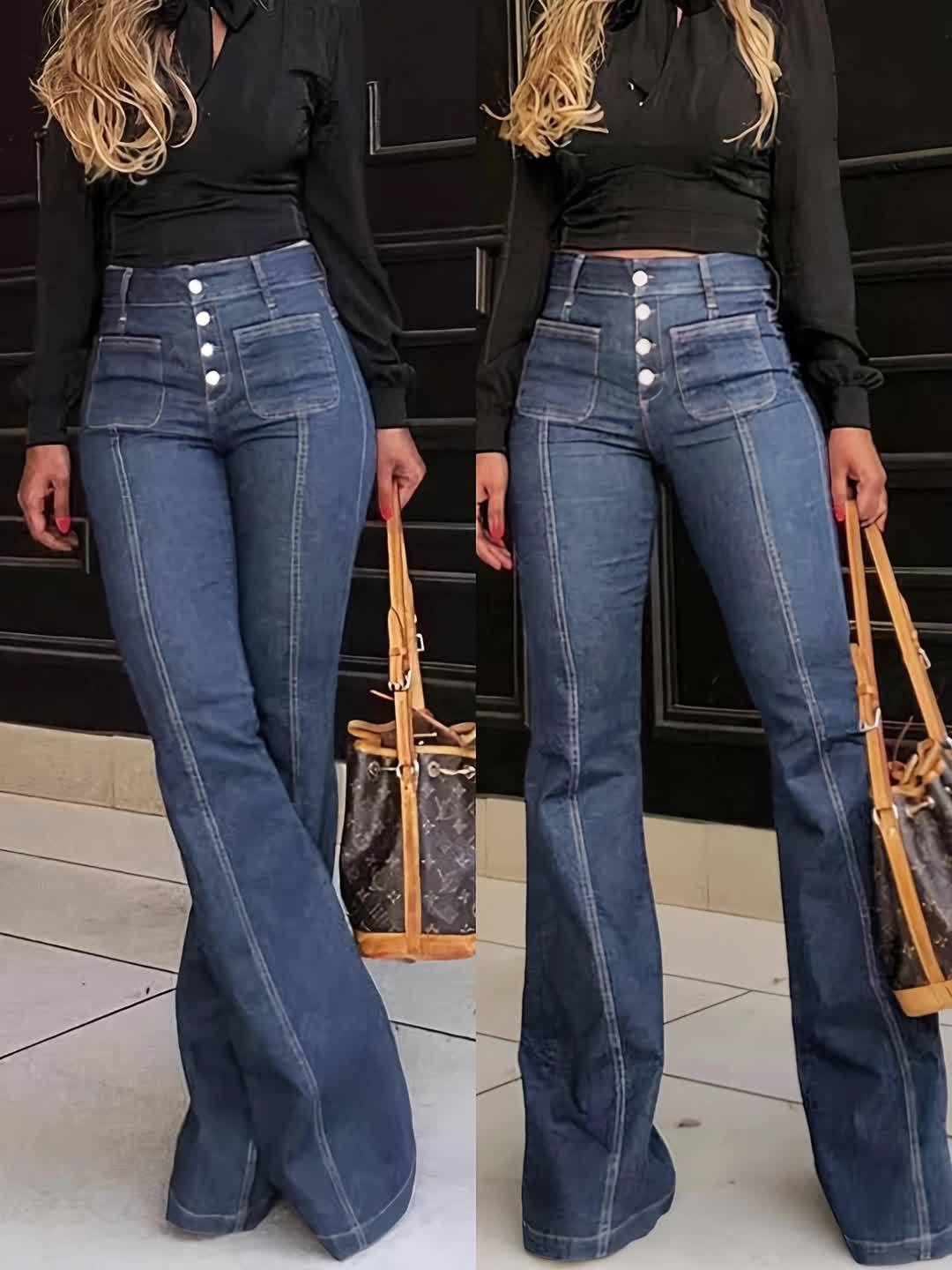 Retro High-Rise Wide-Leg Jeans – Figure-Flattering Vintage Denim with Button Details