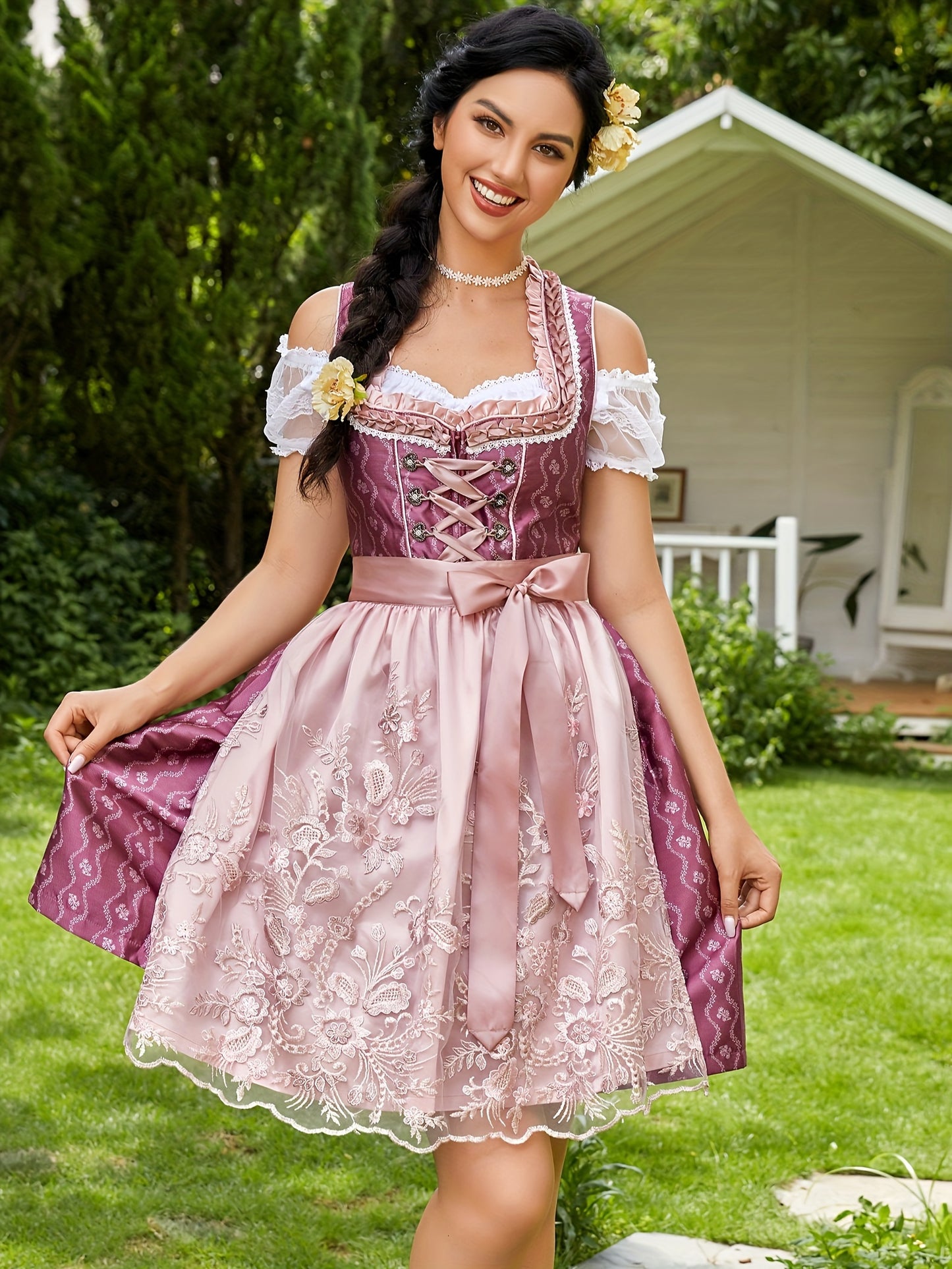 VintaLace Dirndl Dress – Vintage-Inspired Corset Dress with Lace Puff Sleeves