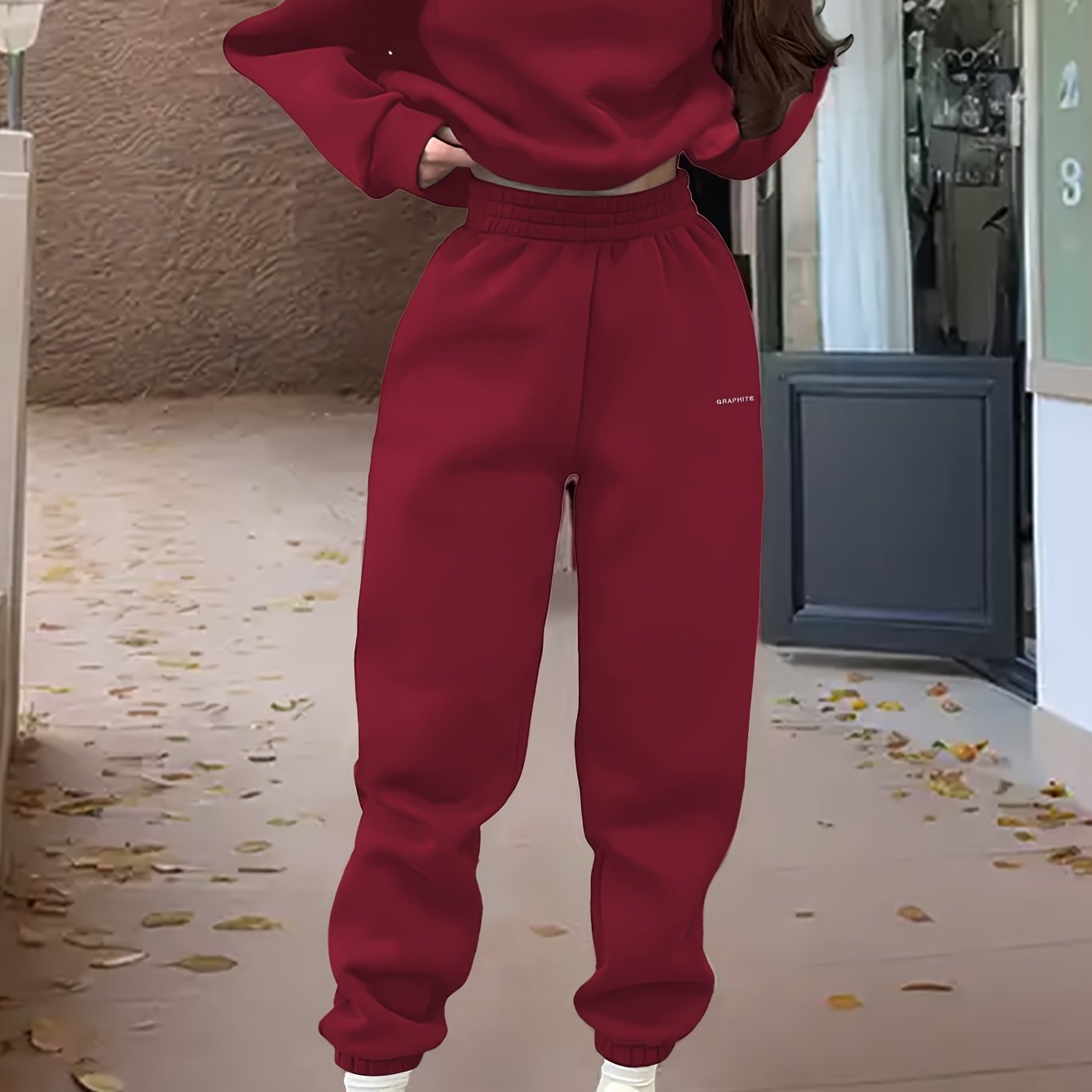 Damen-Sportset für Frühling/Herbst, 100% Polyester Langarm-Pullover mit besticktem Alphabet-Design, Rundhals-Absatzschulter Strickstoff, mittlere Dehnung, locker sitzendes Sweatshirt und Hose Set