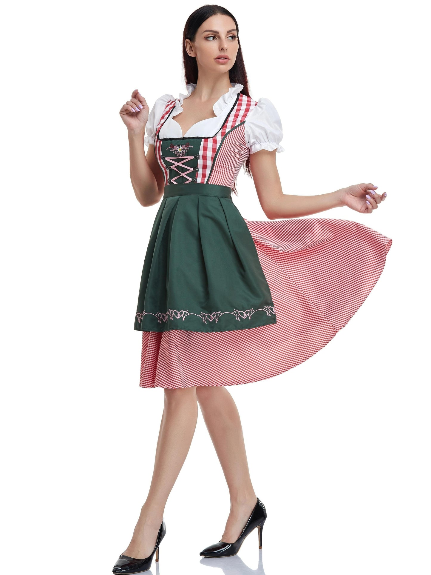Women'S Plaid Checkered Dress with Lace-Up Back - Traditional Bavarian Costume for Oktoberfest, Festive Halloween Dress, Deep V-Neck, Umbrella Skirt, Perfect for Cosplay and Party Wear, Halloween Dress | Checkered Pattern | Laceup Detail, Halloween Costum