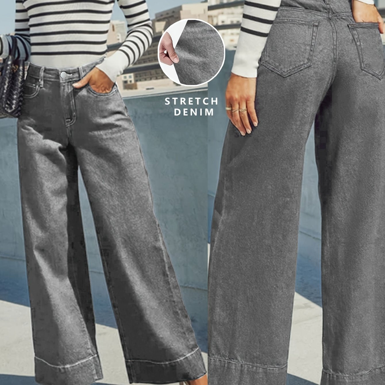 Wide-Leg Stretch Denim Jeans – High-Waist Flexible Comfort with Cuffed Hem