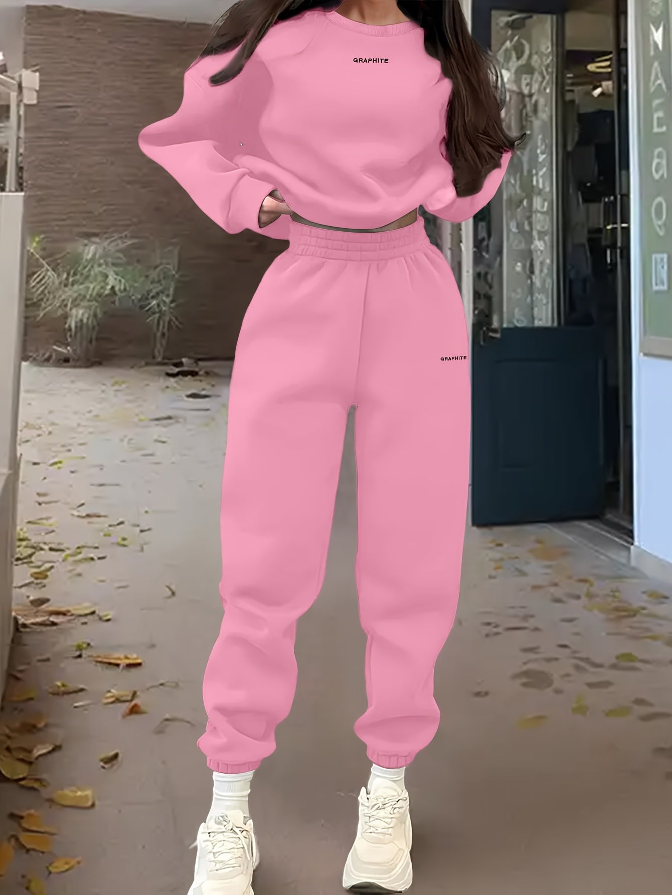 Damen-Sportset für Frühling/Herbst, 100% Polyester Langarm-Pullover mit besticktem Alphabet-Design, Rundhals-Absatzschulter Strickstoff, mittlere Dehnung, locker sitzendes Sweatshirt und Hose Set