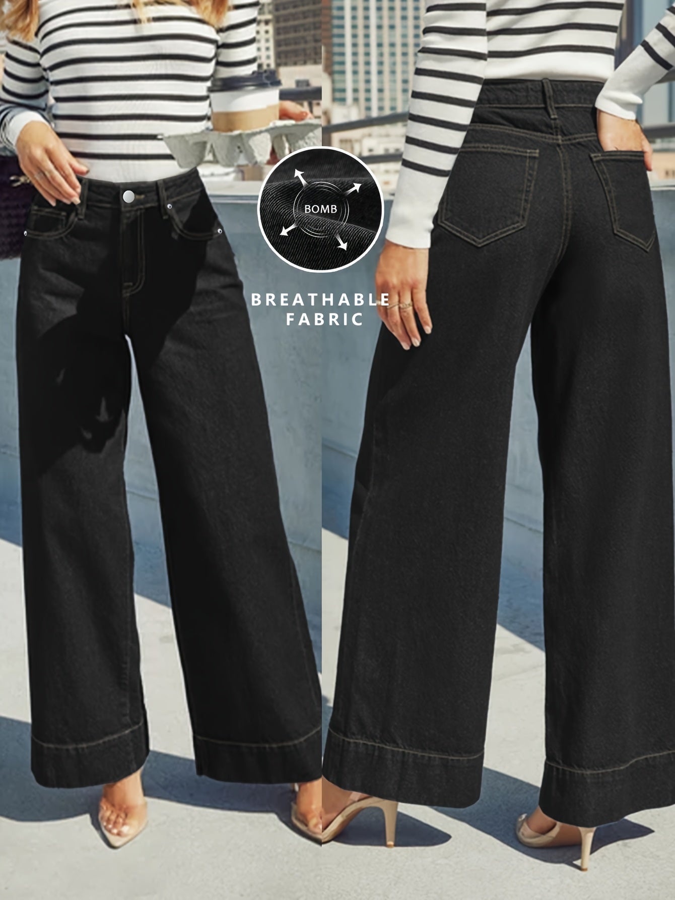 Wide-Leg Stretch Denim Jeans – High-Waist Flexible Comfort with Cuffed Hem