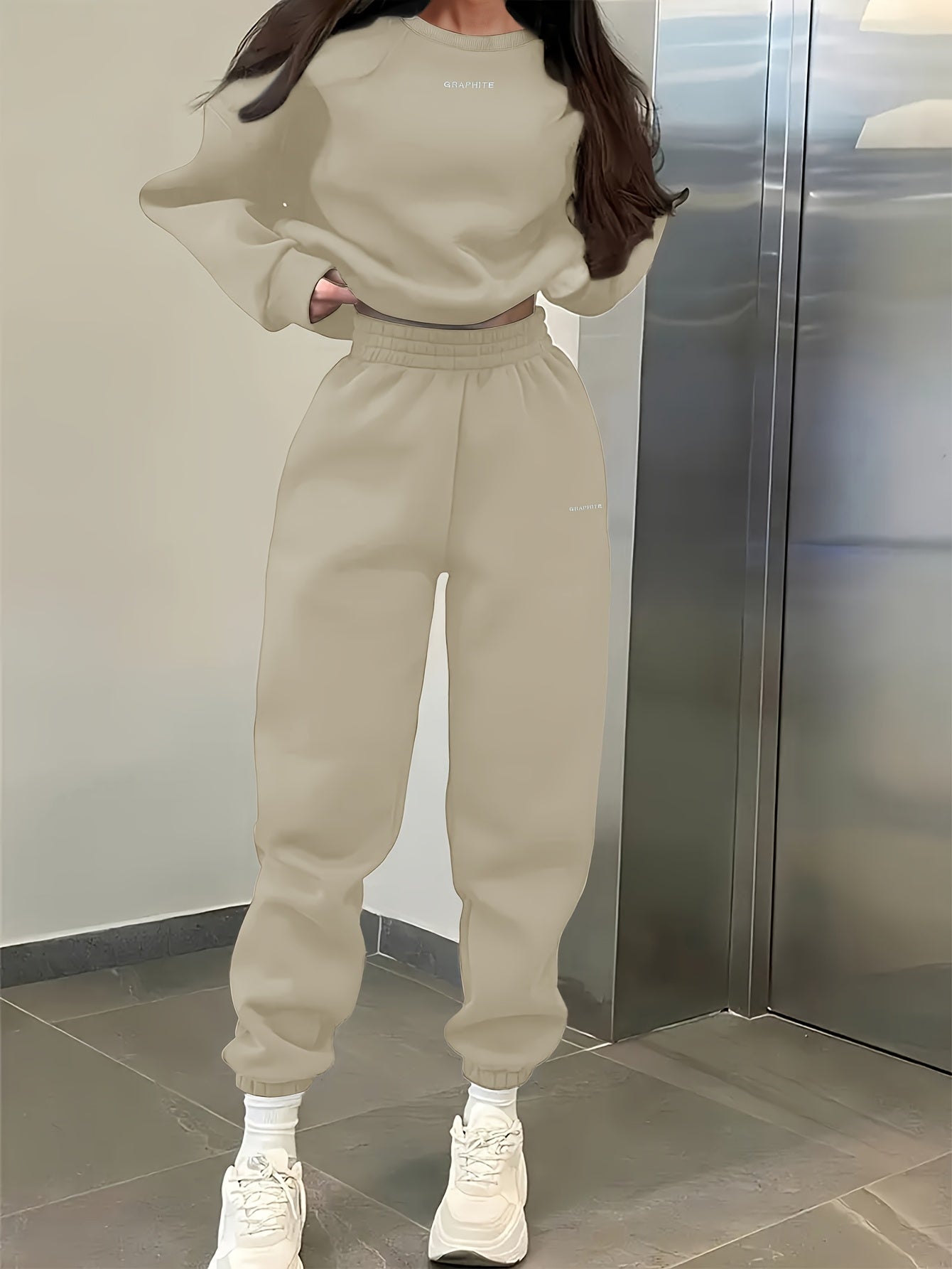 Damen-Sportset für Frühling/Herbst, 100% Polyester Langarm-Pullover mit besticktem Alphabet-Design, Rundhals-Absatzschulter Strickstoff, mittlere Dehnung, locker sitzendes Sweatshirt und Hose Set