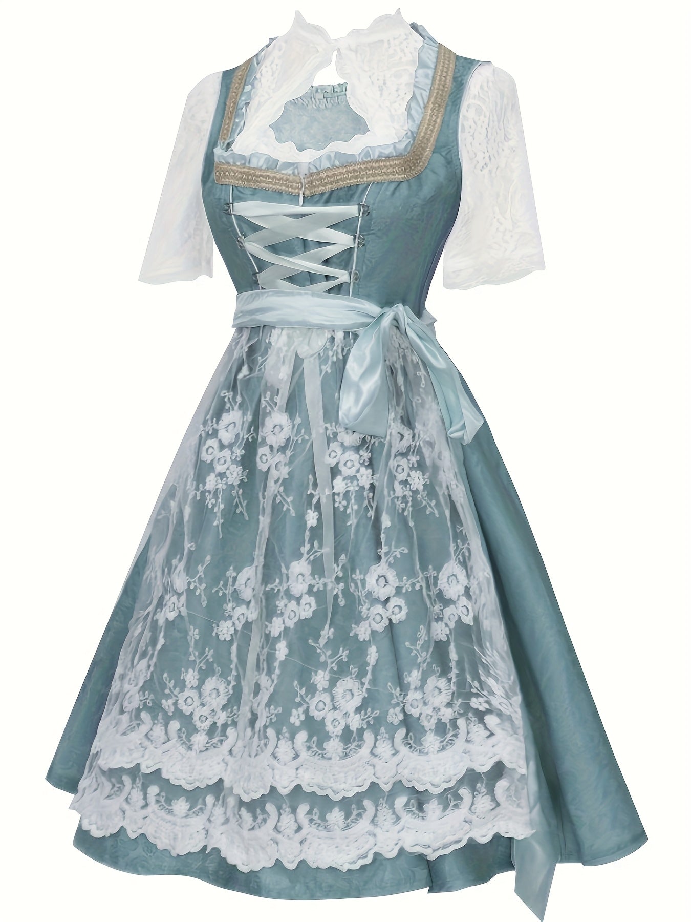 AquaVine Dirndl Dress – Vintage Floral Embroidered Knee-Length Dress for Oktoberfest