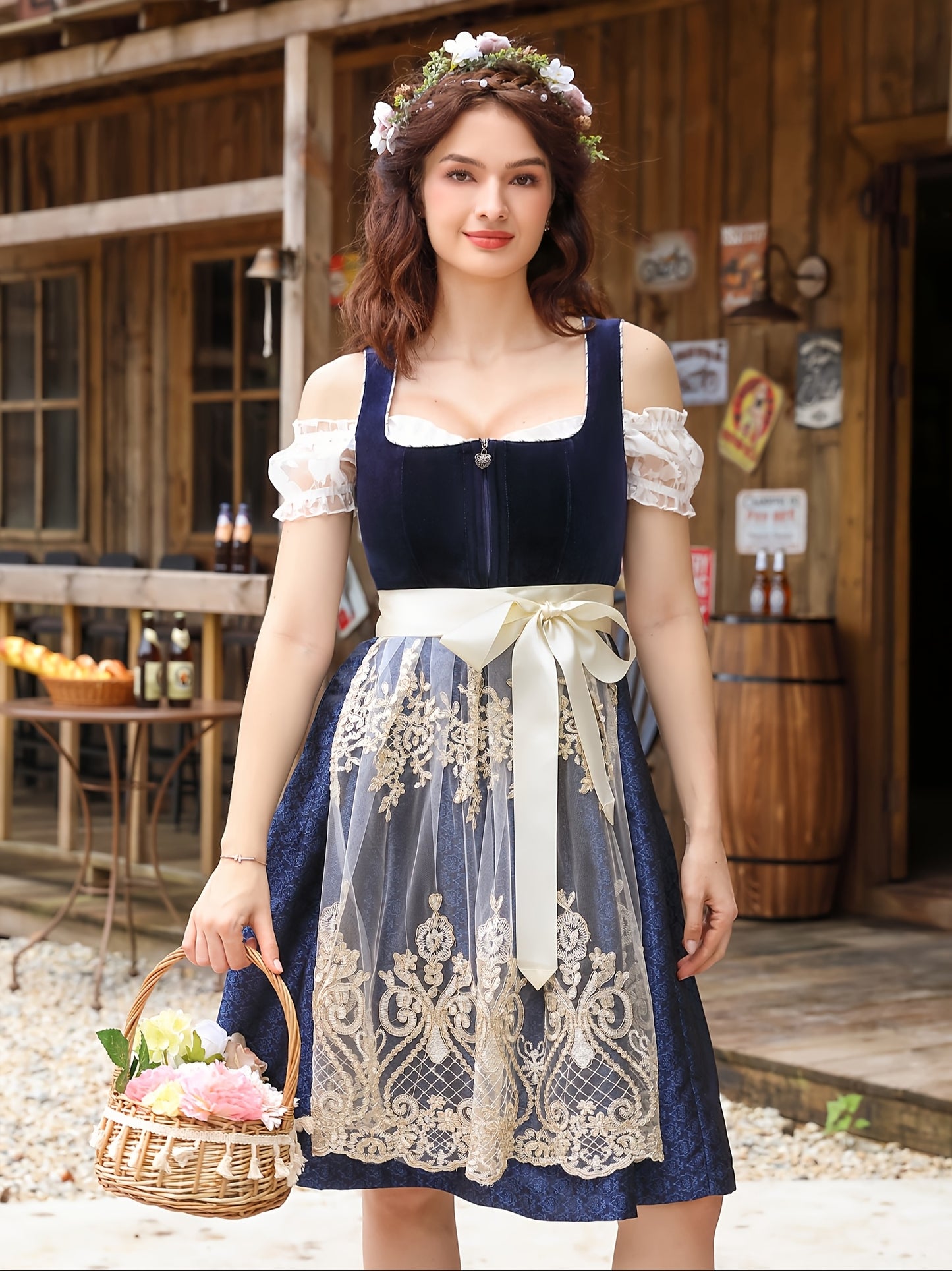 VelvetMuse Dirndl Dress – Elegant Bavarian Velvet Dress with Lace Sleeves