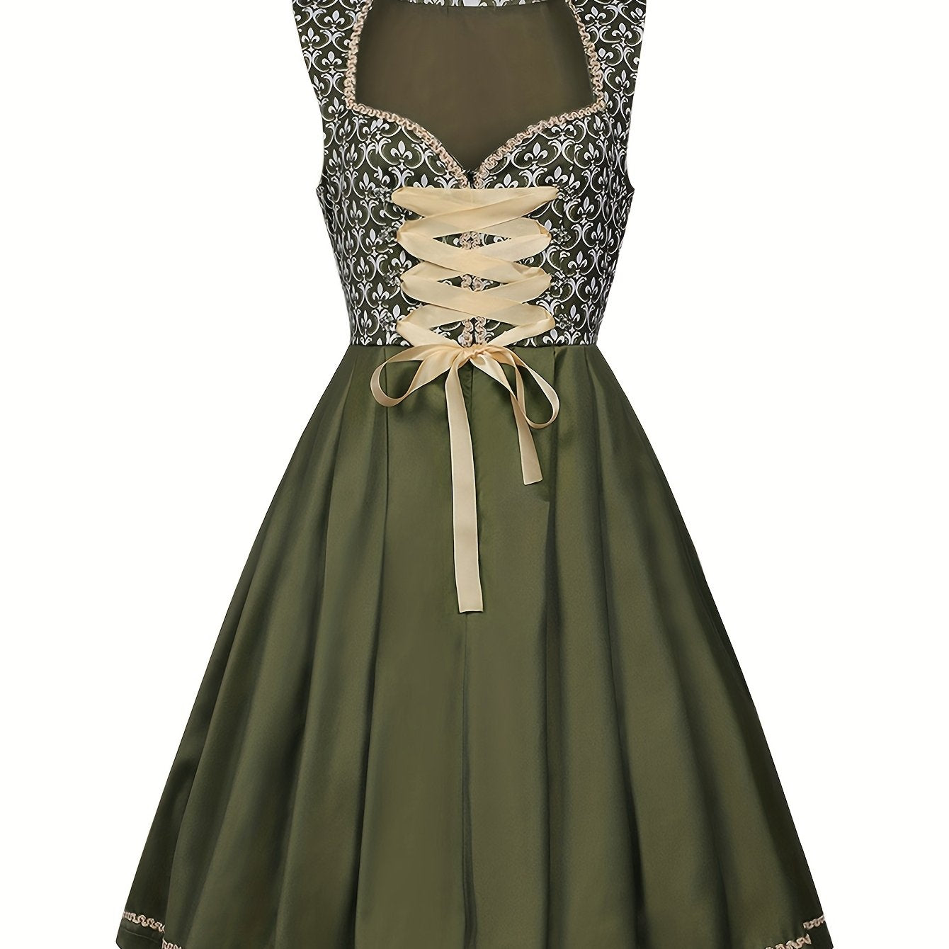 Vintage Olive Green Dirndl Dress – Alpine Style with Gold Lace & Floral Embroidery