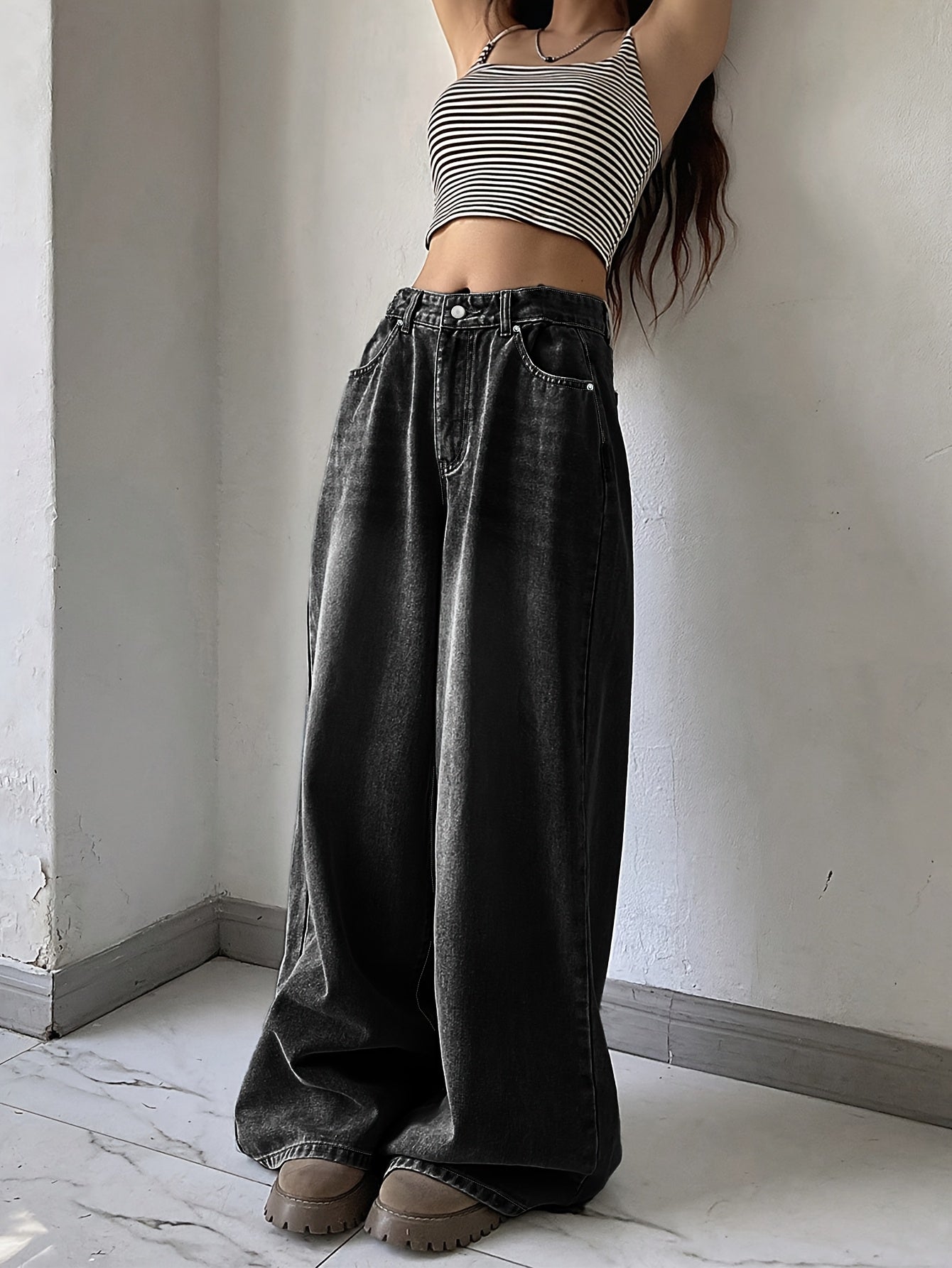 Chic High-Waisted Wide-Leg Black Denim – Relaxed Fit Casual Jeans