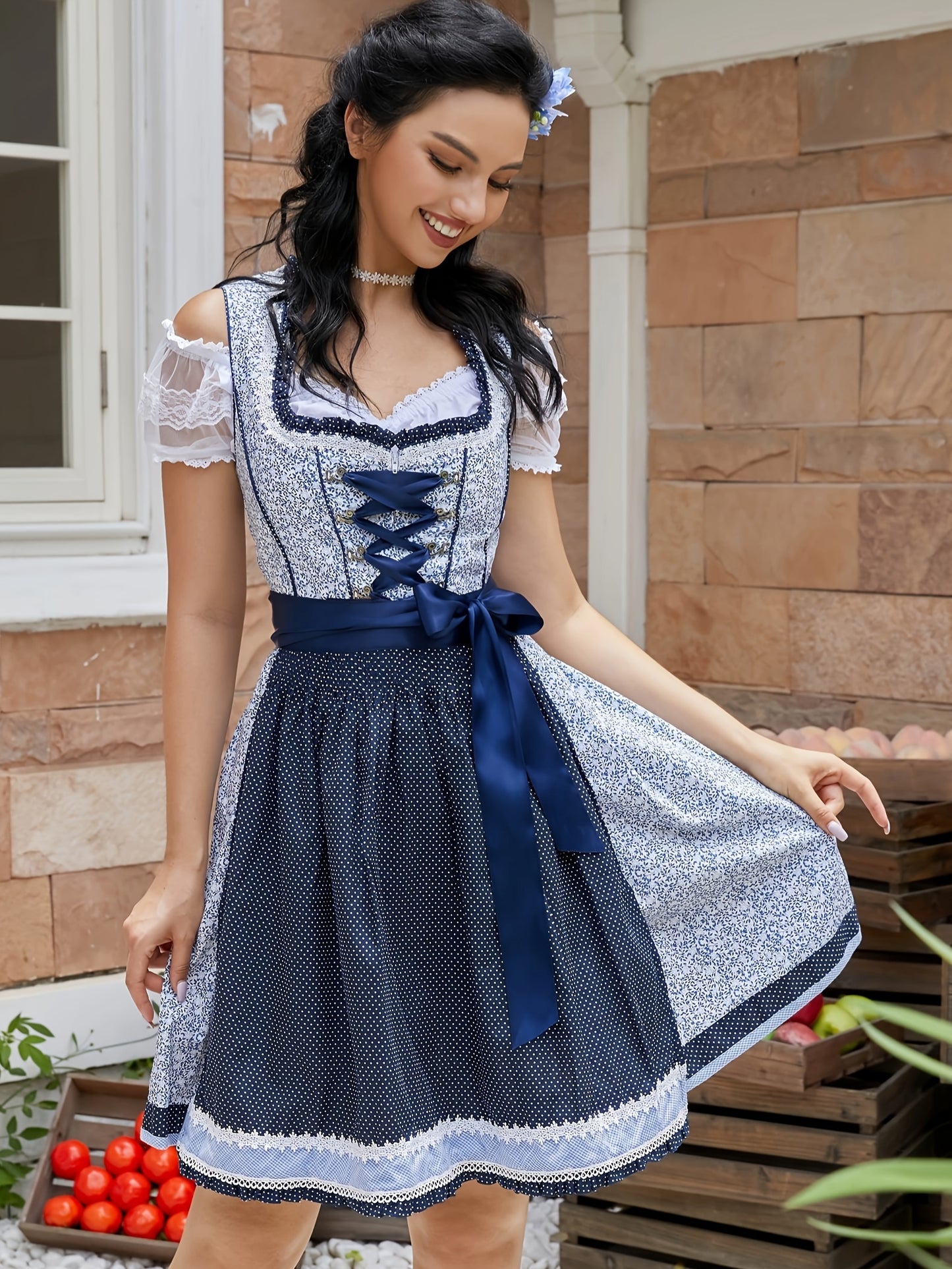 Vintage Bavarian Dirndl Dress – Floral Polka Dot Oktoberfest Skater Dress