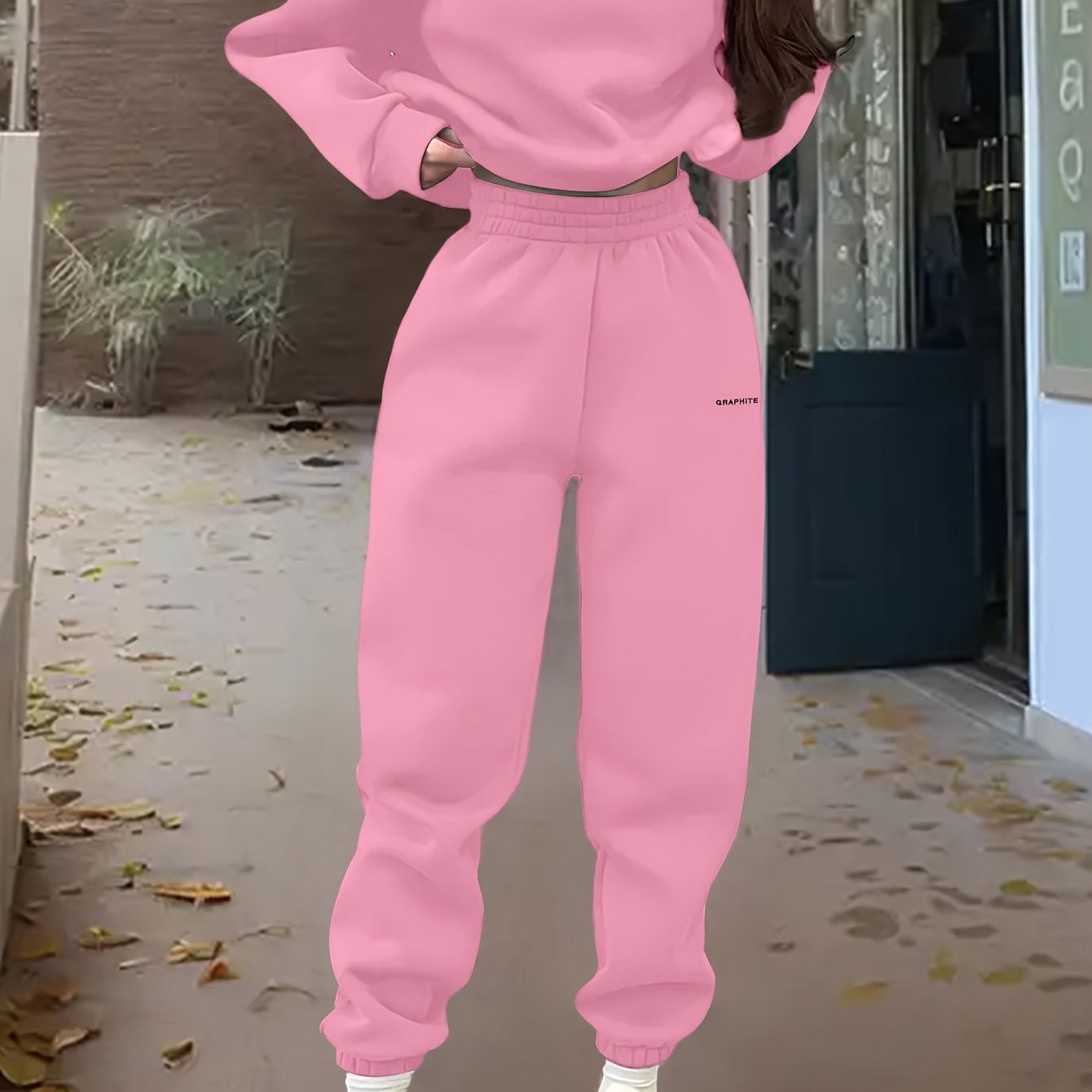 Damen-Sportset für Frühling/Herbst, 100% Polyester Langarm-Pullover mit besticktem Alphabet-Design, Rundhals-Absatzschulter Strickstoff, mittlere Dehnung, locker sitzendes Sweatshirt und Hose Set