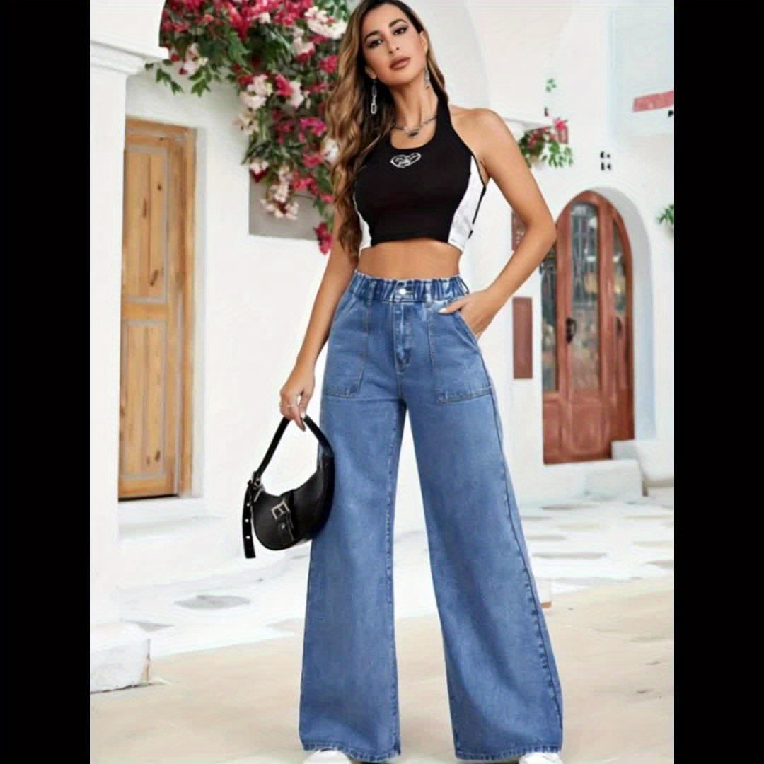 Stretchy Wide-Leg Denim – High-Rise Smocked Waist, Soft Flexible Pants