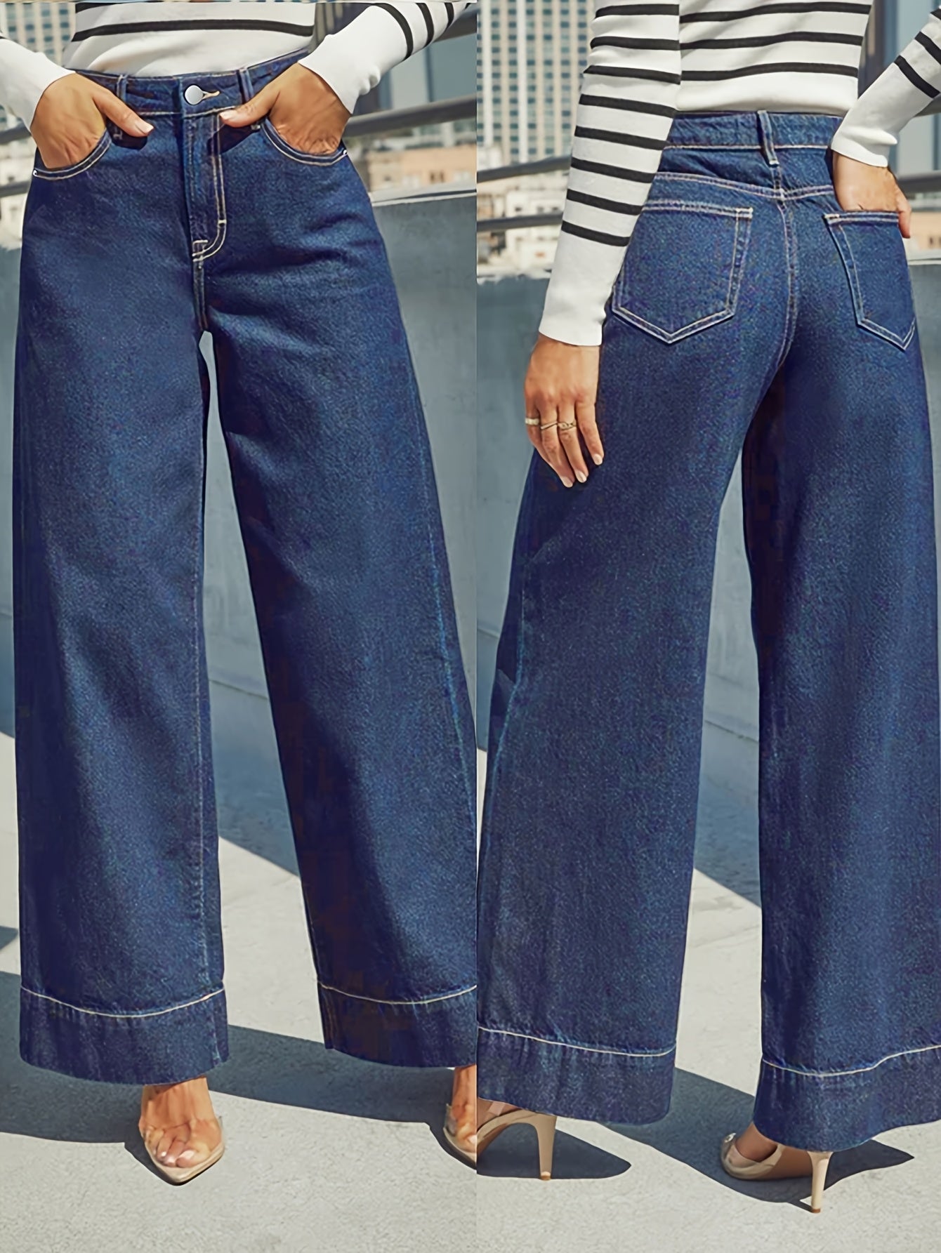 Wide-Leg Stretch Denim Jeans – High-Waist Flexible Comfort with Cuffed Hem