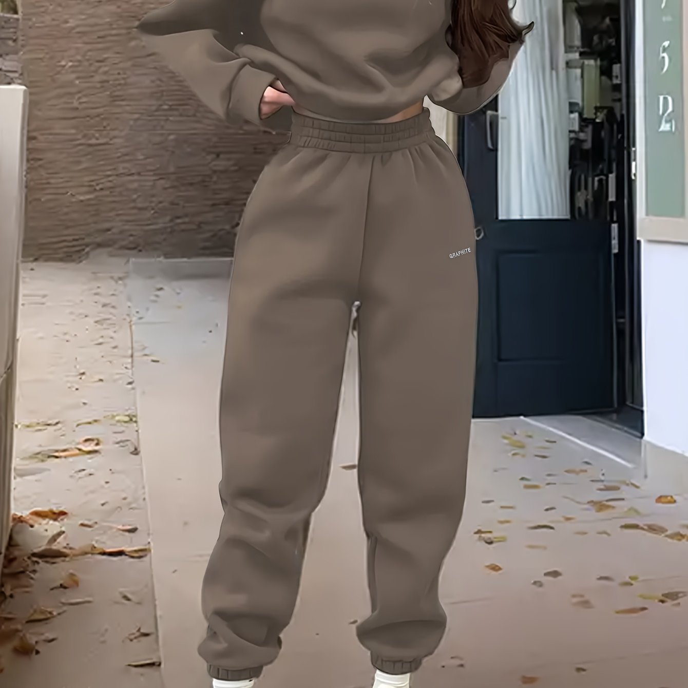 Damen-Sportset für Frühling/Herbst, 100% Polyester Langarm-Pullover mit besticktem Alphabet-Design, Rundhals-Absatzschulter Strickstoff, mittlere Dehnung, locker sitzendes Sweatshirt und Hose Set