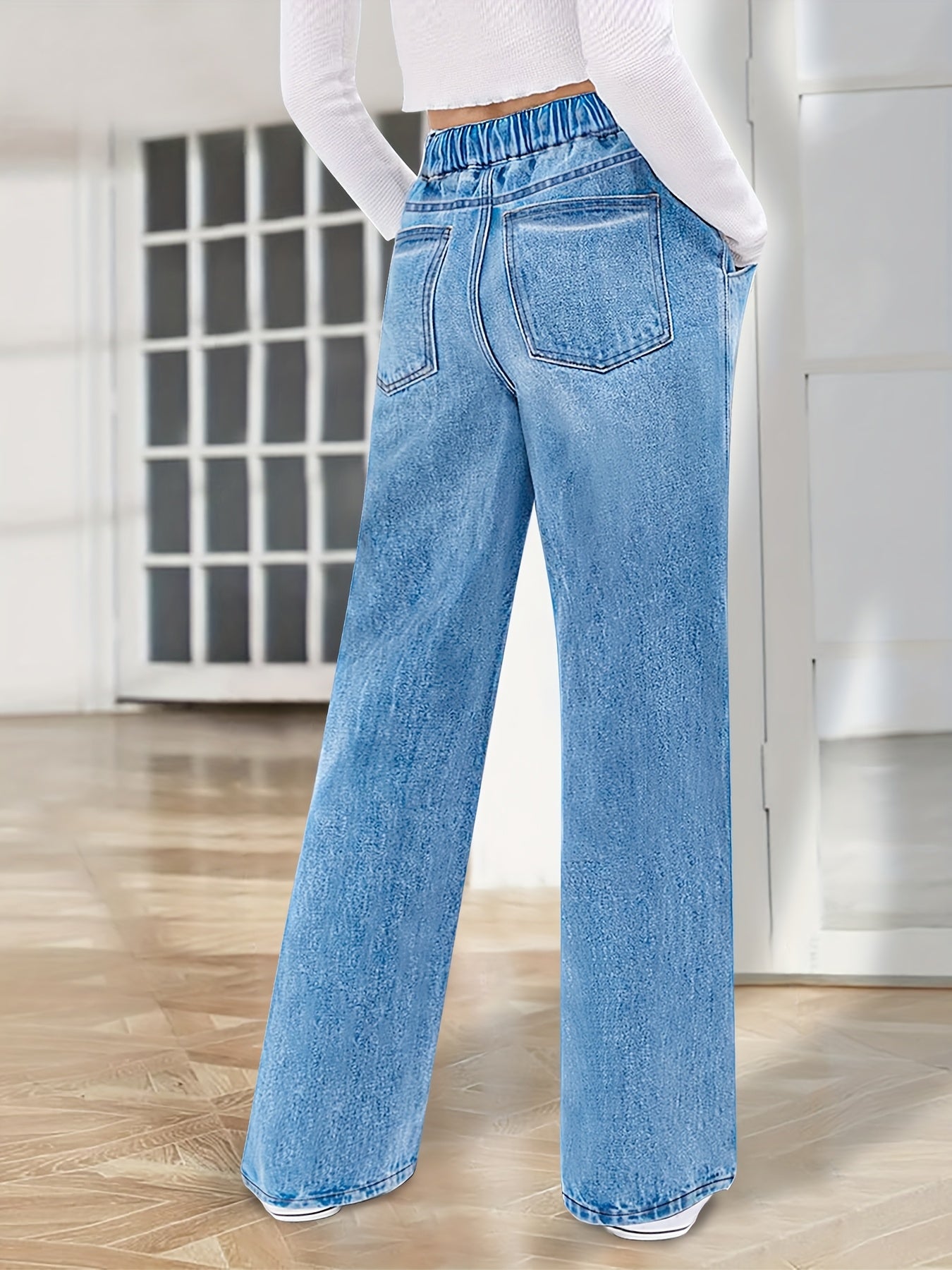 Effortless All-Day Comfort with Mid-Waist Wide-Leg Denim Pants – Breathable Lightweight Denim with Adjustable Waist