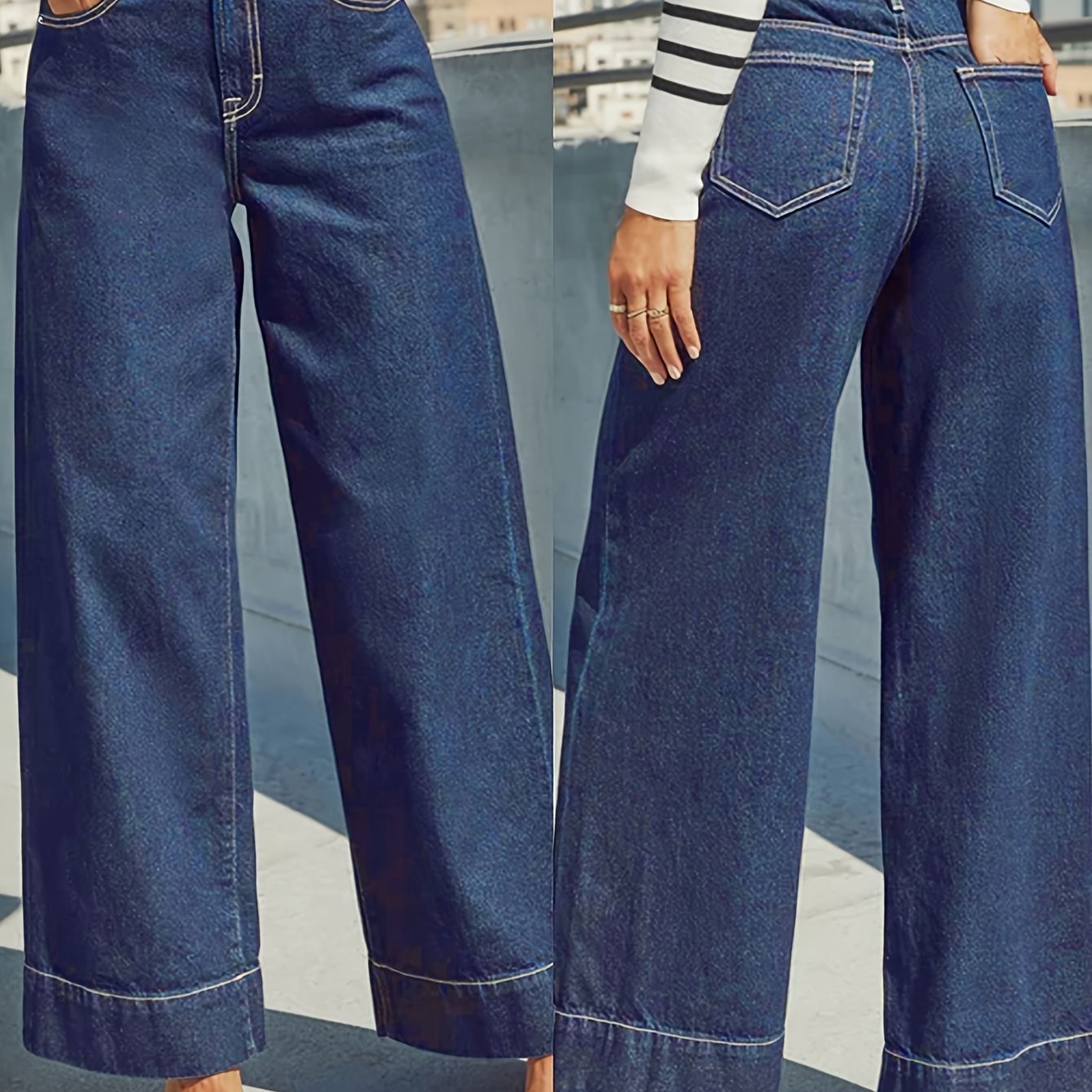 Wide-Leg Stretch Denim Jeans – High-Waist Flexible Comfort with Cuffed Hem