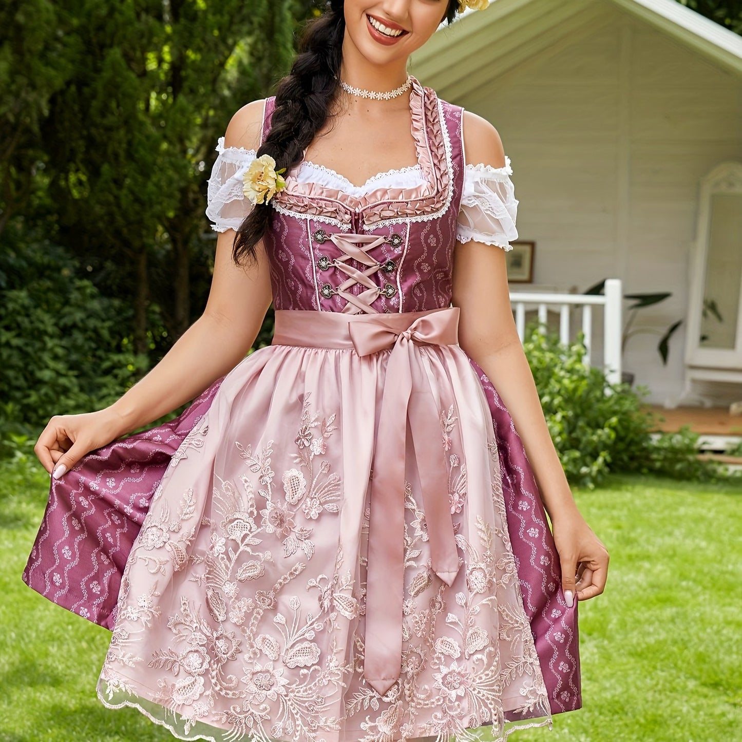 VintaLace Dirndl Dress – Vintage-Inspired Corset Dress with Lace Puff Sleeves