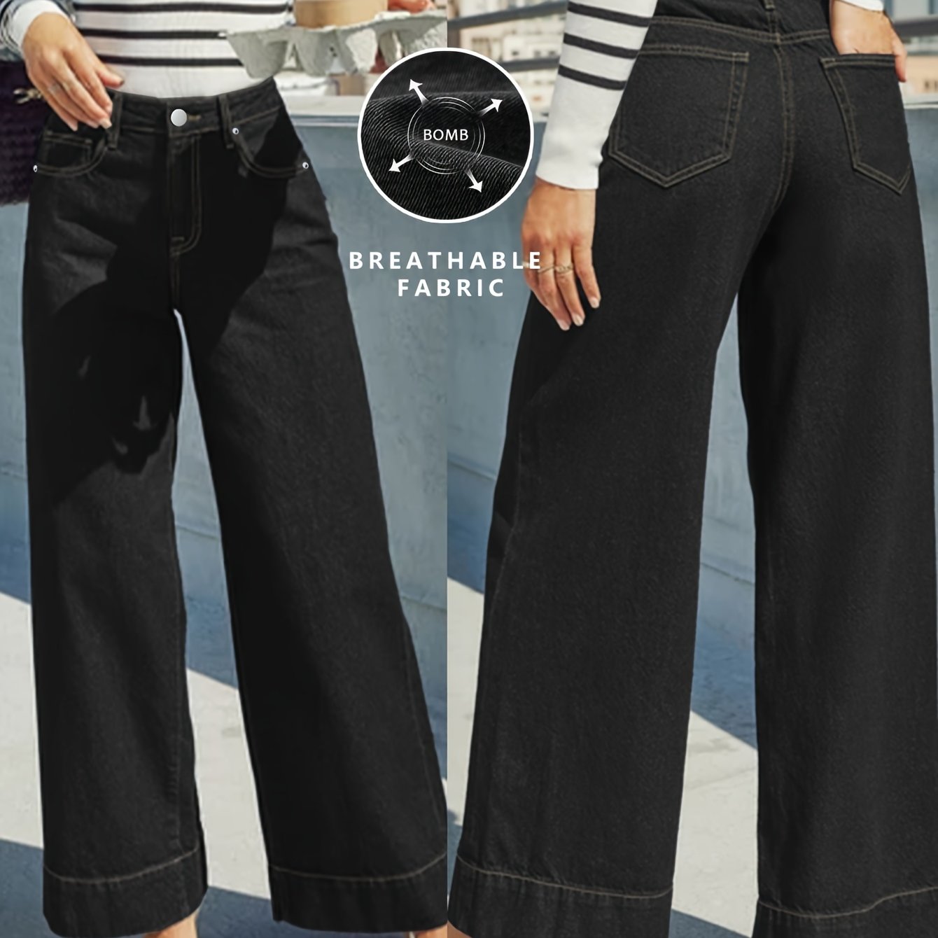 Wide-Leg Stretch Denim Jeans – High-Waist Flexible Comfort with Cuffed Hem