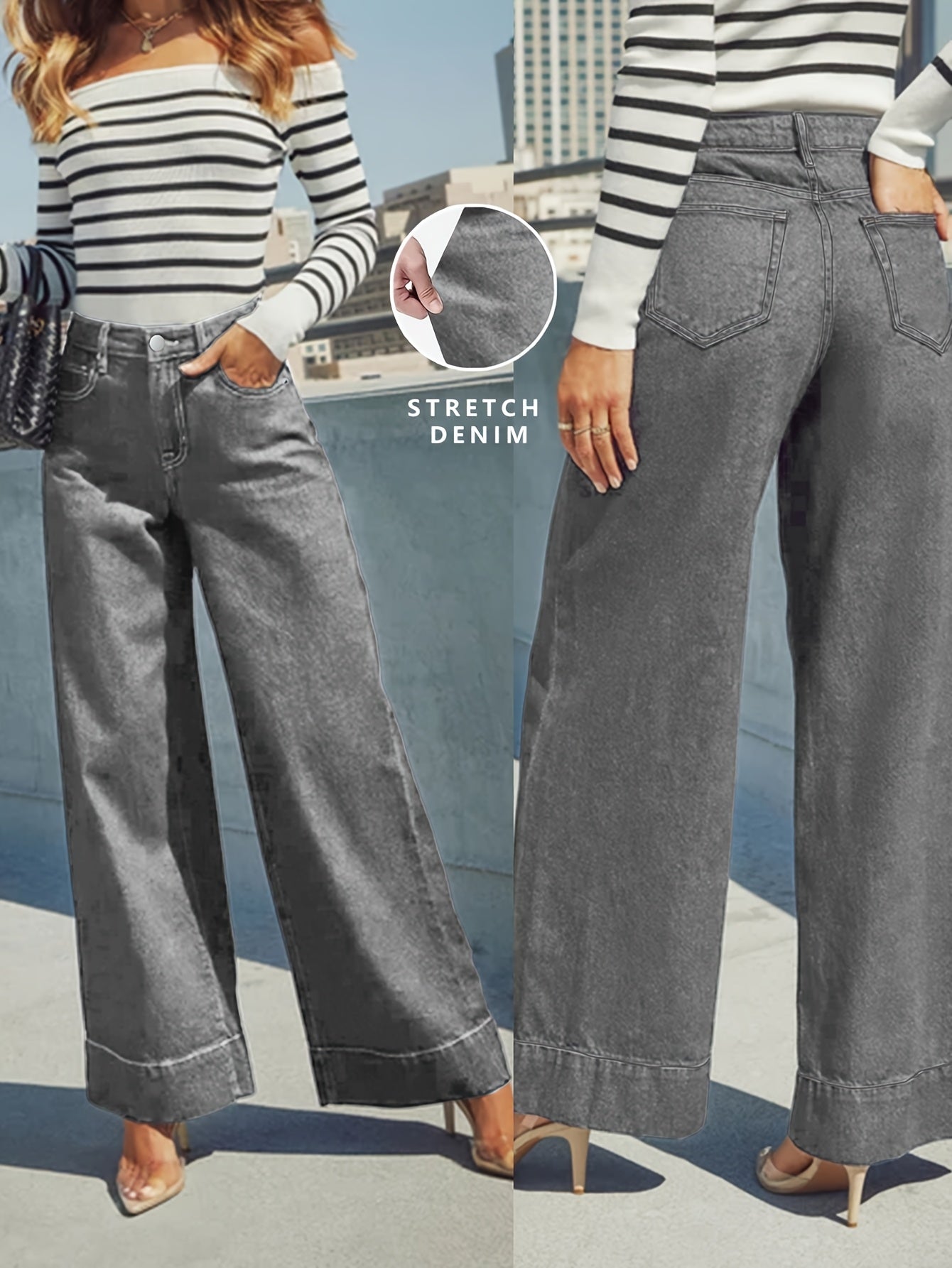 Wide-Leg Stretch Denim Jeans – High-Waist Flexible Comfort with Cuffed Hem