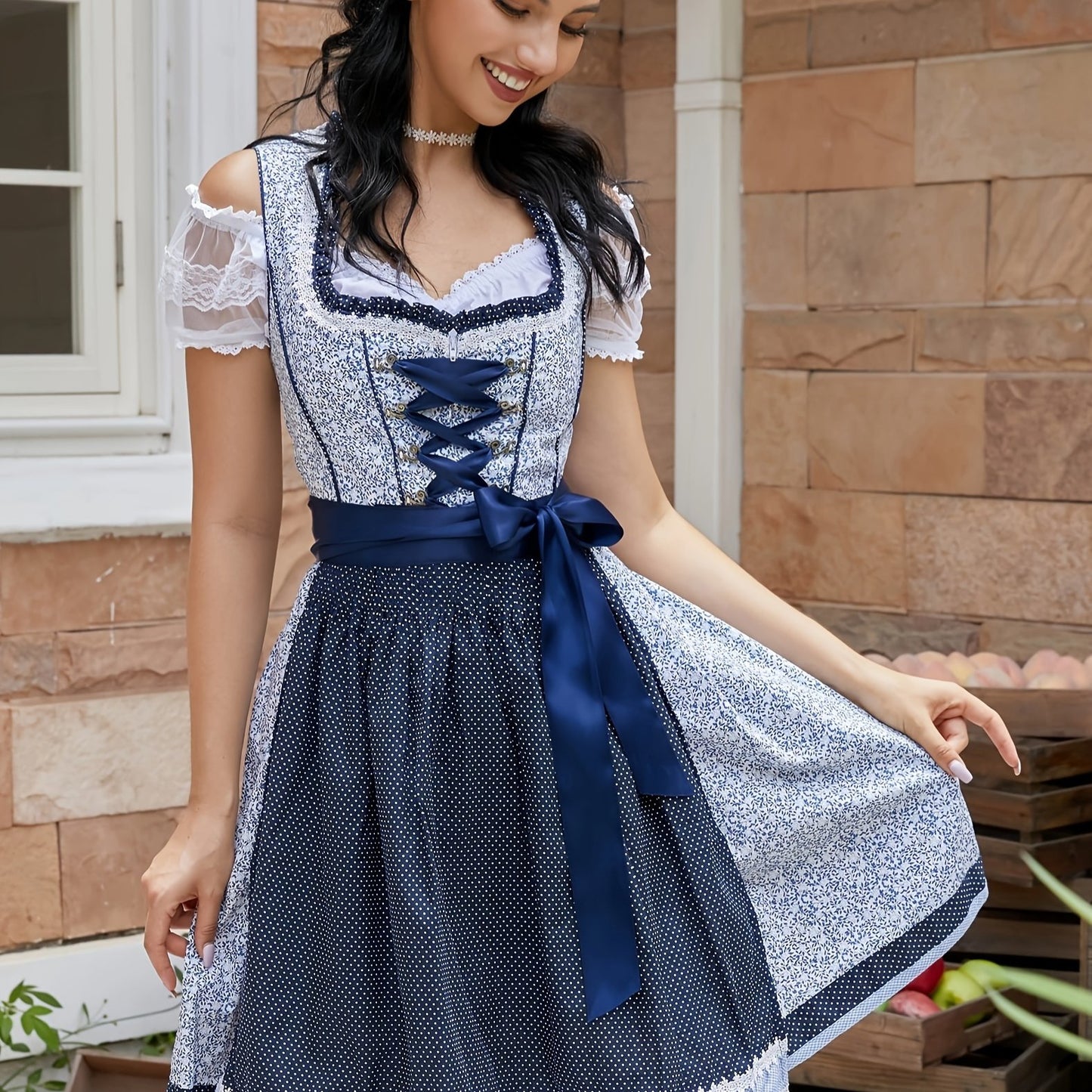 Vintage Bavarian Dirndl Dress – Floral Polka Dot Oktoberfest Skater Dress