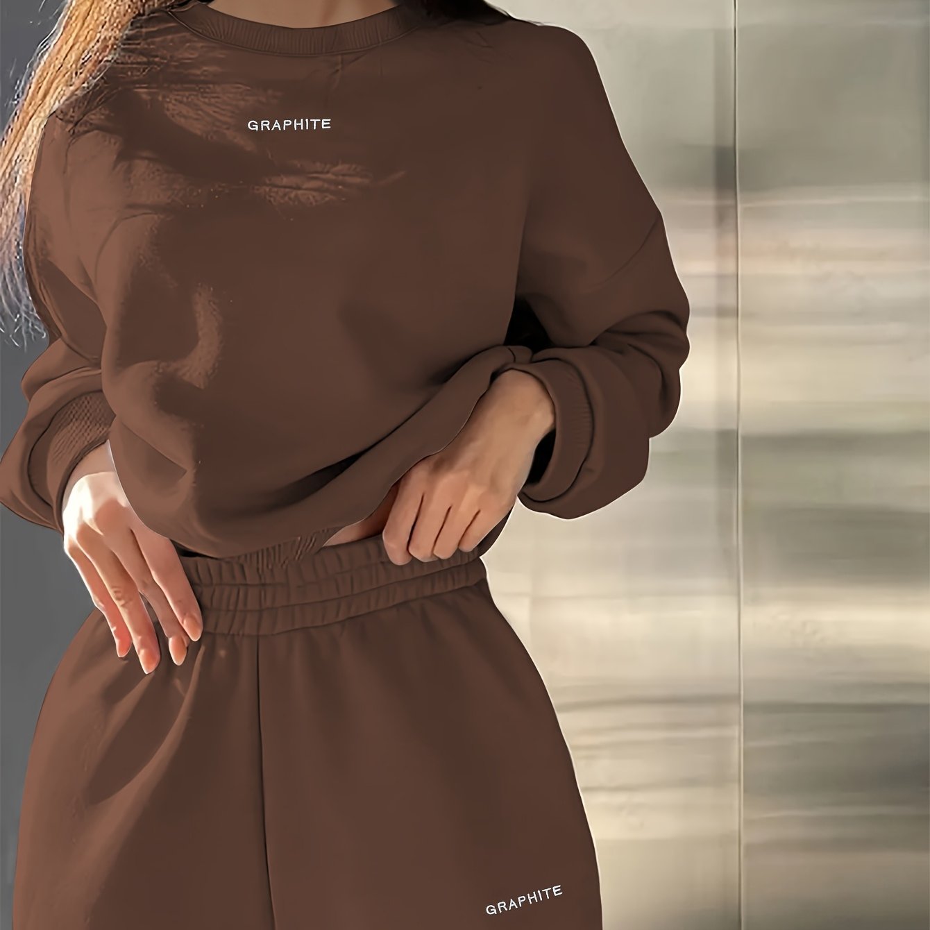Damen-Sportset für Frühling/Herbst, 100% Polyester Langarm-Pullover mit besticktem Alphabet-Design, Rundhals-Absatzschulter Strickstoff, mittlere Dehnung, locker sitzendes Sweatshirt und Hose Set