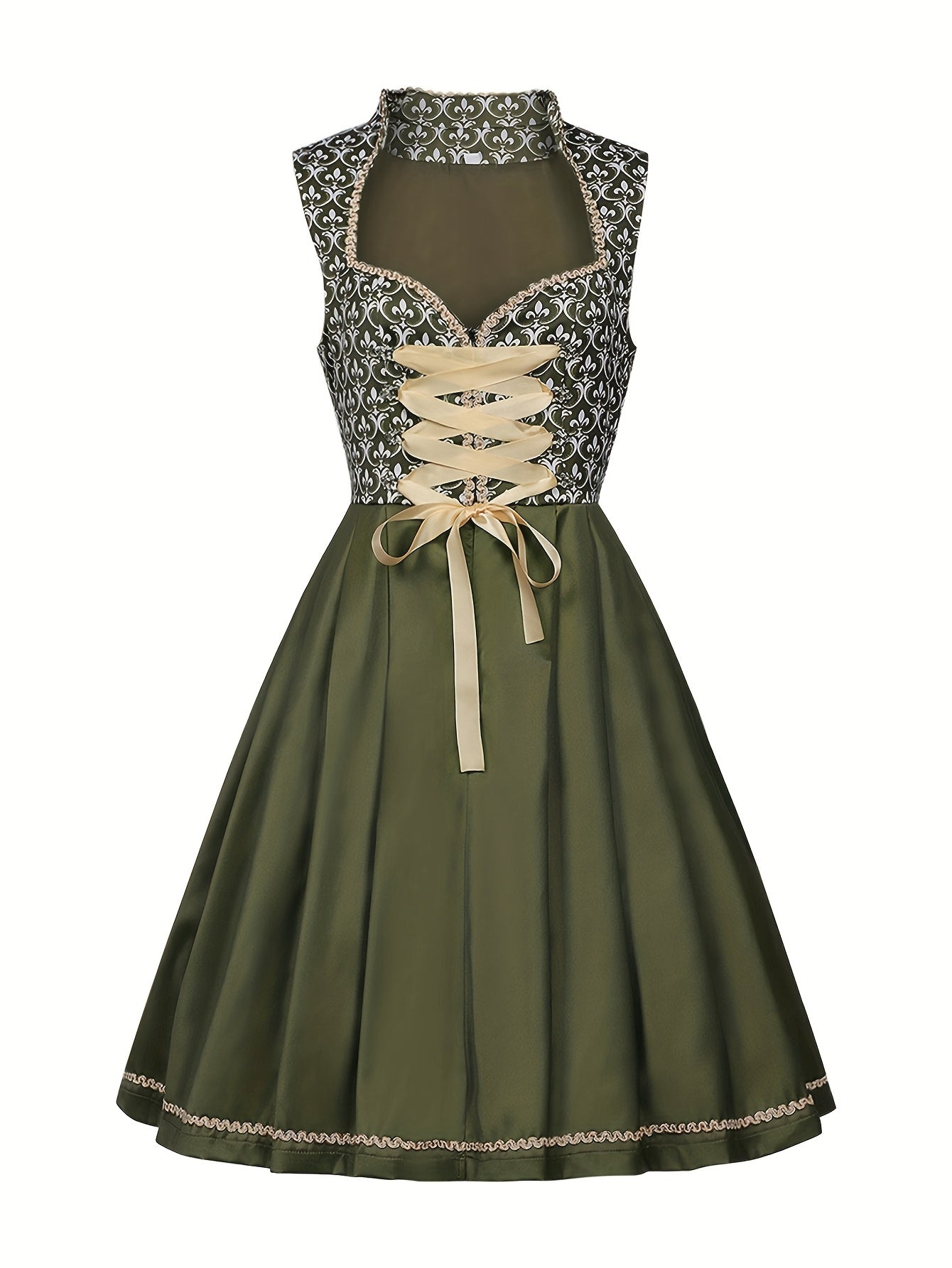 Vintage Olive Green Dirndl Dress – Alpine Style with Gold Lace & Floral Embroidery