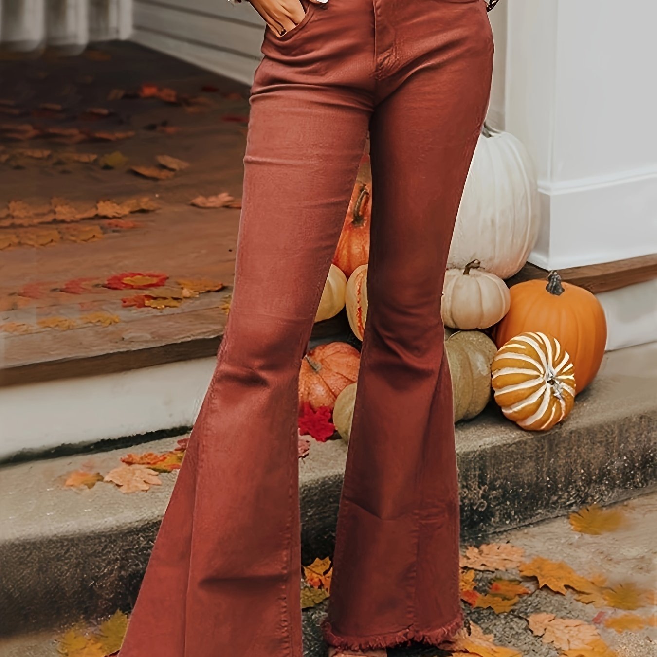 Cozy Autumn Reddish-Brown Flare Jeans – High-Rise Vintage Stretch Denim