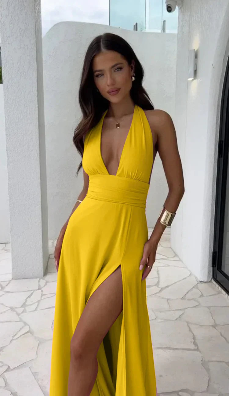 Verona™ Deep V-Neck Slit Dress — Sculpted Elegance, Flawless Flow