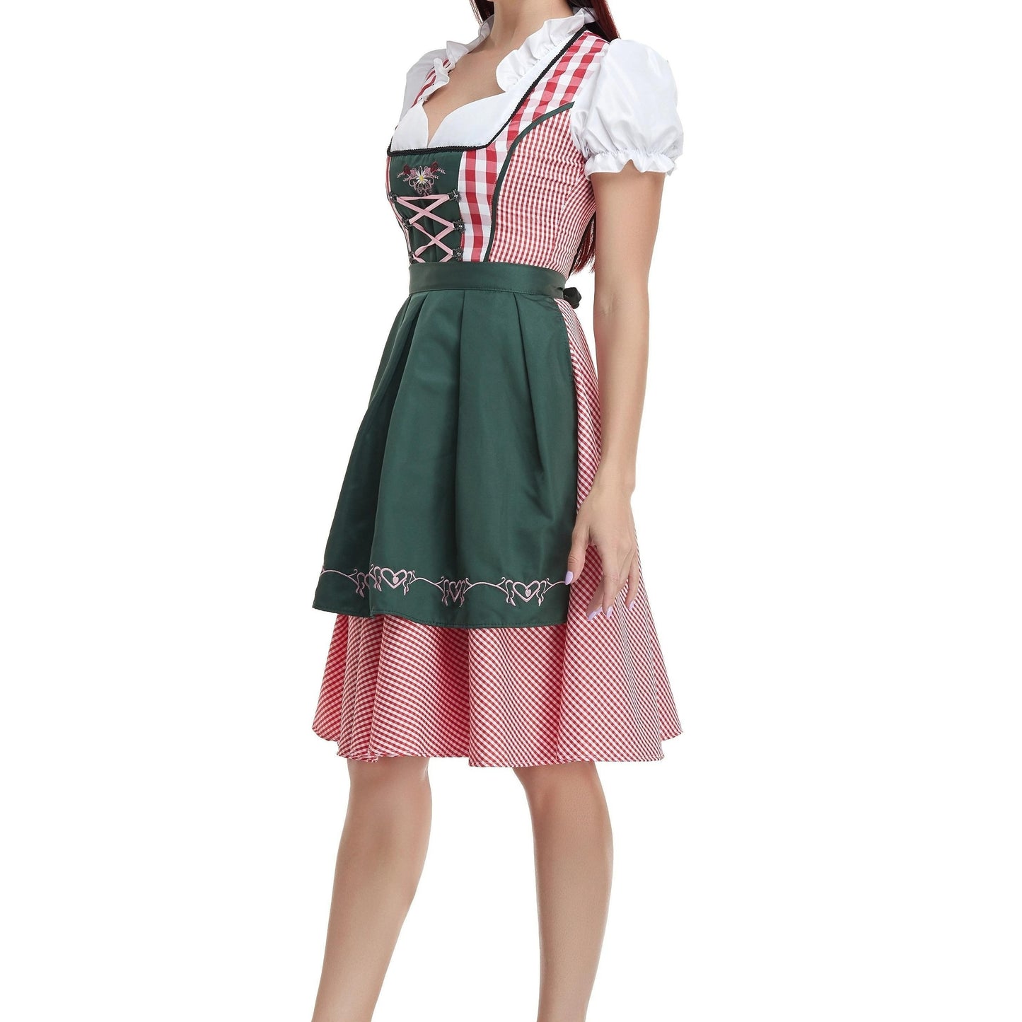 Women'S Plaid Checkered Dress with Lace-Up Back - Traditional Bavarian Costume for Oktoberfest, Festive Halloween Dress, Deep V-Neck, Umbrella Skirt, Perfect for Cosplay and Party Wear, Halloween Dress | Checkered Pattern | Laceup Detail, Halloween Costum