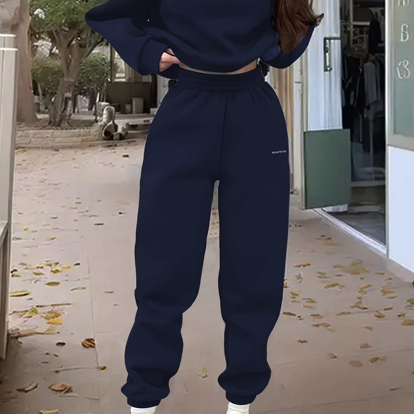 Damen-Sportset für Frühling/Herbst, 100% Polyester Langarm-Pullover mit besticktem Alphabet-Design, Rundhals-Absatzschulter Strickstoff, mittlere Dehnung, locker sitzendes Sweatshirt und Hose Set