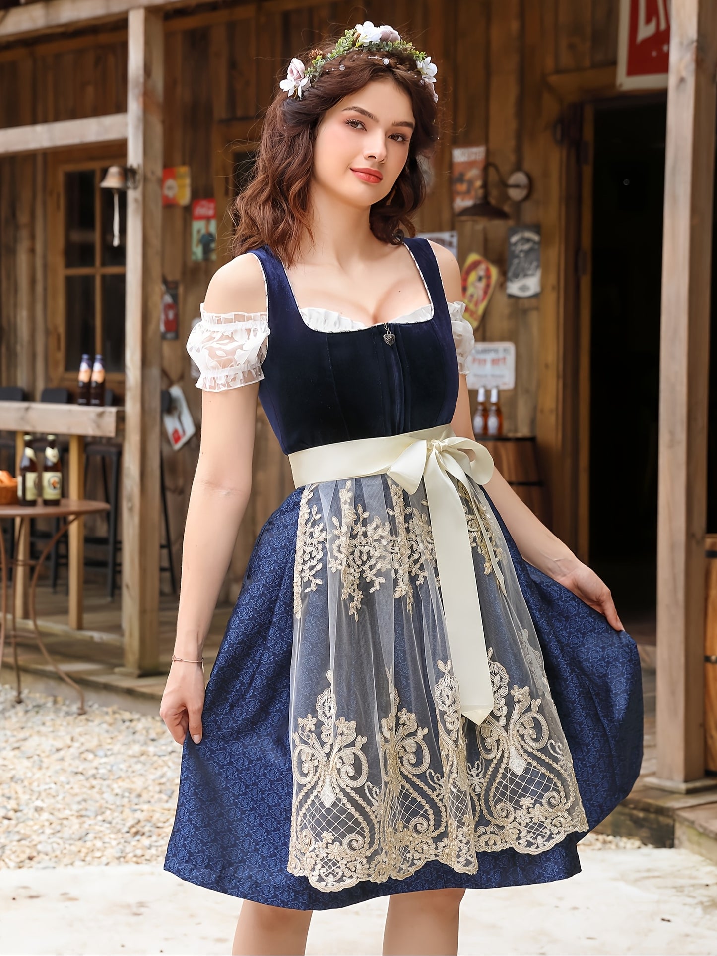 VelvetMuse Dirndl Dress – Elegant Bavarian Velvet Dress with Lace Sleeves