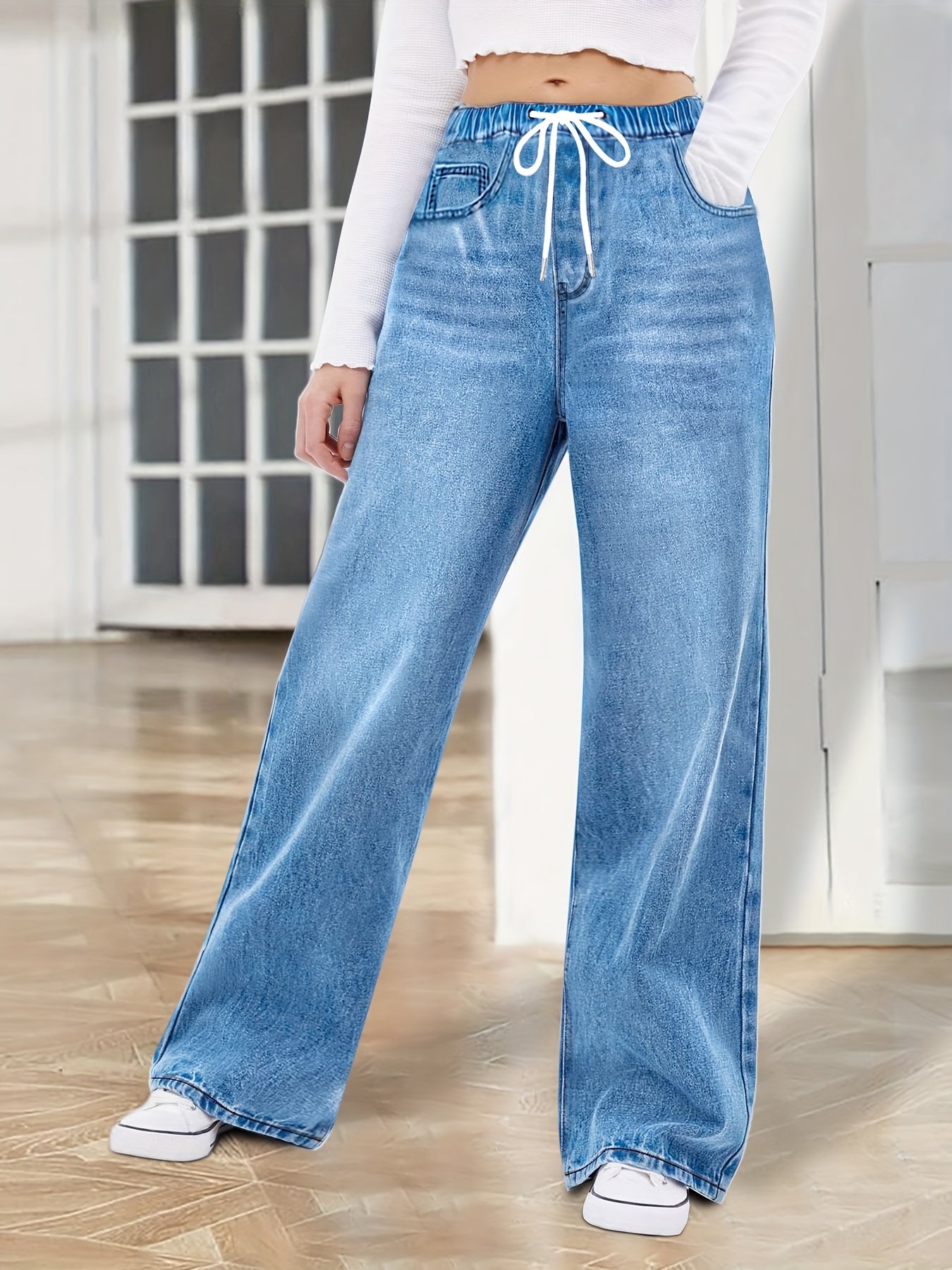 Effortless All-Day Comfort with Mid-Waist Wide-Leg Denim Pants – Breathable Lightweight Denim with Adjustable Waist