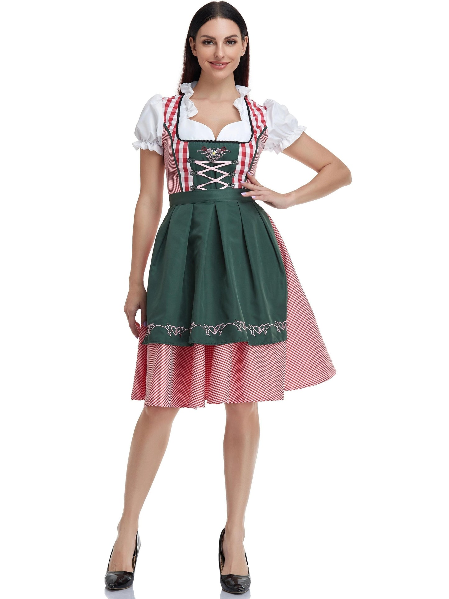 Women'S Plaid Checkered Dress with Lace-Up Back - Traditional Bavarian Costume for Oktoberfest, Festive Halloween Dress, Deep V-Neck, Umbrella Skirt, Perfect for Cosplay and Party Wear, Halloween Dress | Checkered Pattern | Laceup Detail, Halloween Costum