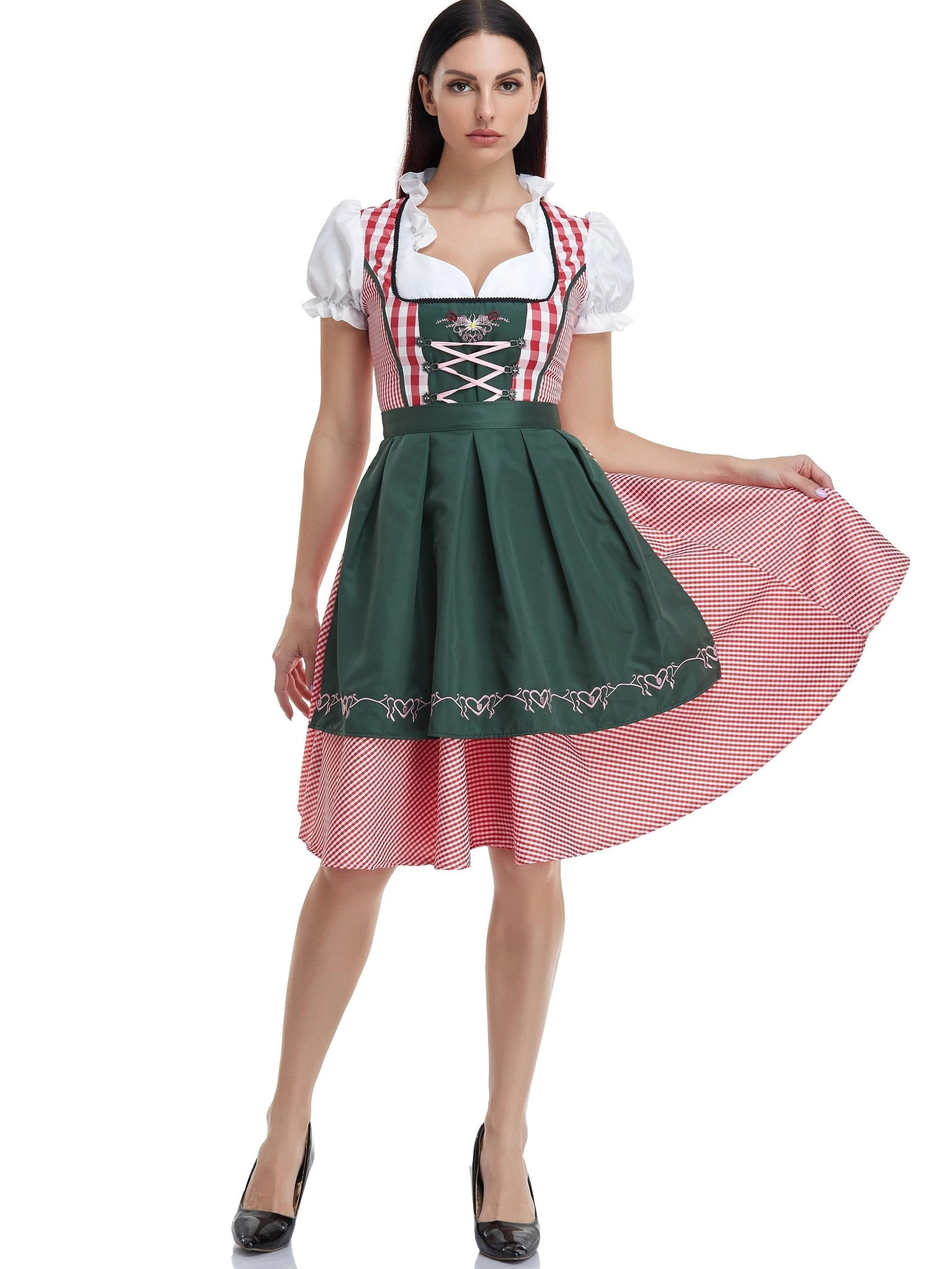 Women'S Plaid Checkered Dress with Lace-Up Back - Traditional Bavarian Costume for Oktoberfest, Festive Halloween Dress, Deep V-Neck, Umbrella Skirt, Perfect for Cosplay and Party Wear, Halloween Dress | Checkered Pattern | Laceup Detail, Halloween Costum