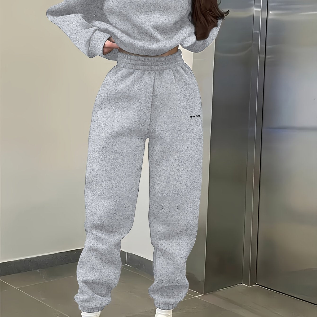 Damen-Sportset für Frühling/Herbst, 100% Polyester Langarm-Pullover mit besticktem Alphabet-Design, Rundhals-Absatzschulter Strickstoff, mittlere Dehnung, locker sitzendes Sweatshirt und Hose Set