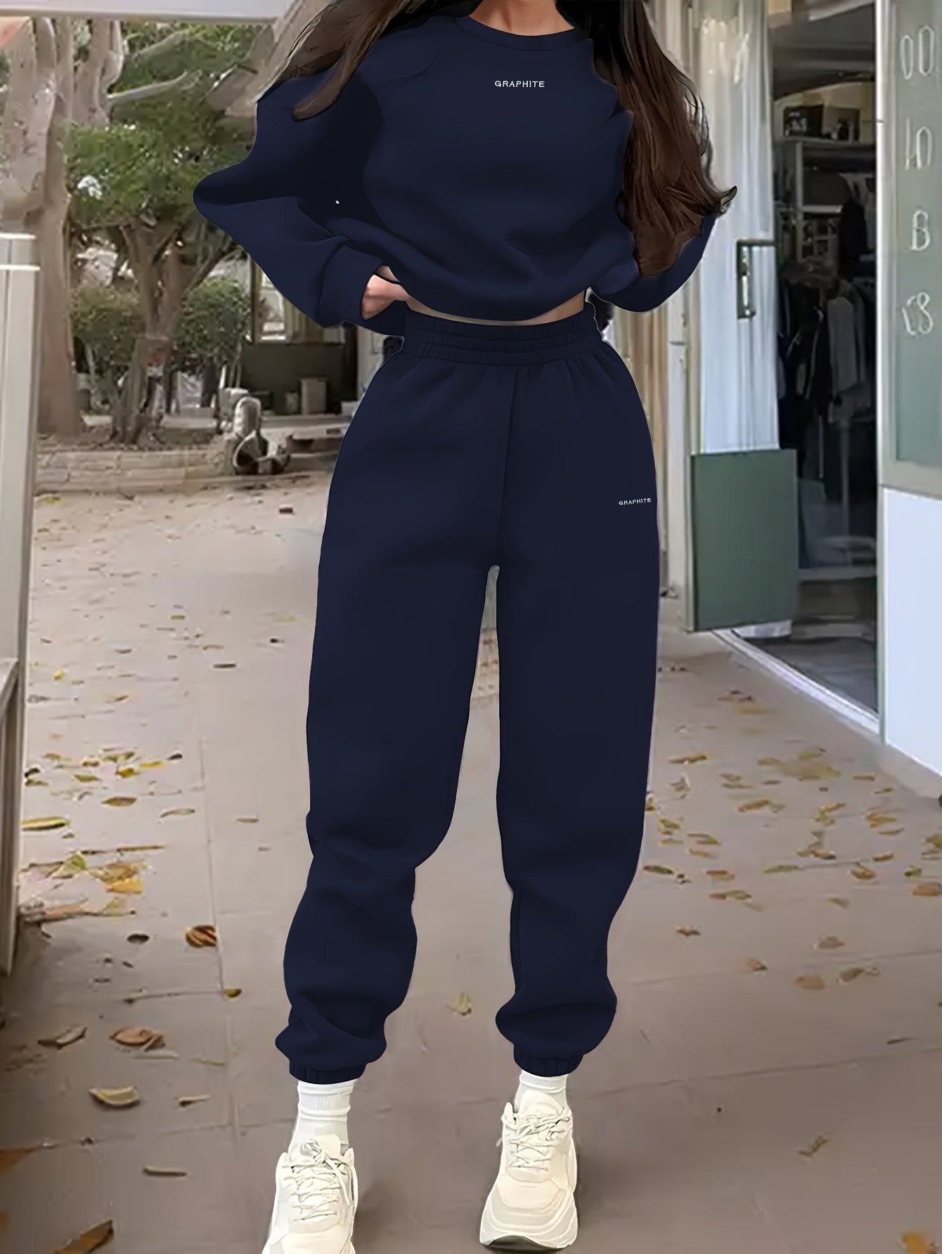 Damen-Sportset für Frühling/Herbst, 100% Polyester Langarm-Pullover mit besticktem Alphabet-Design, Rundhals-Absatzschulter Strickstoff, mittlere Dehnung, locker sitzendes Sweatshirt und Hose Set