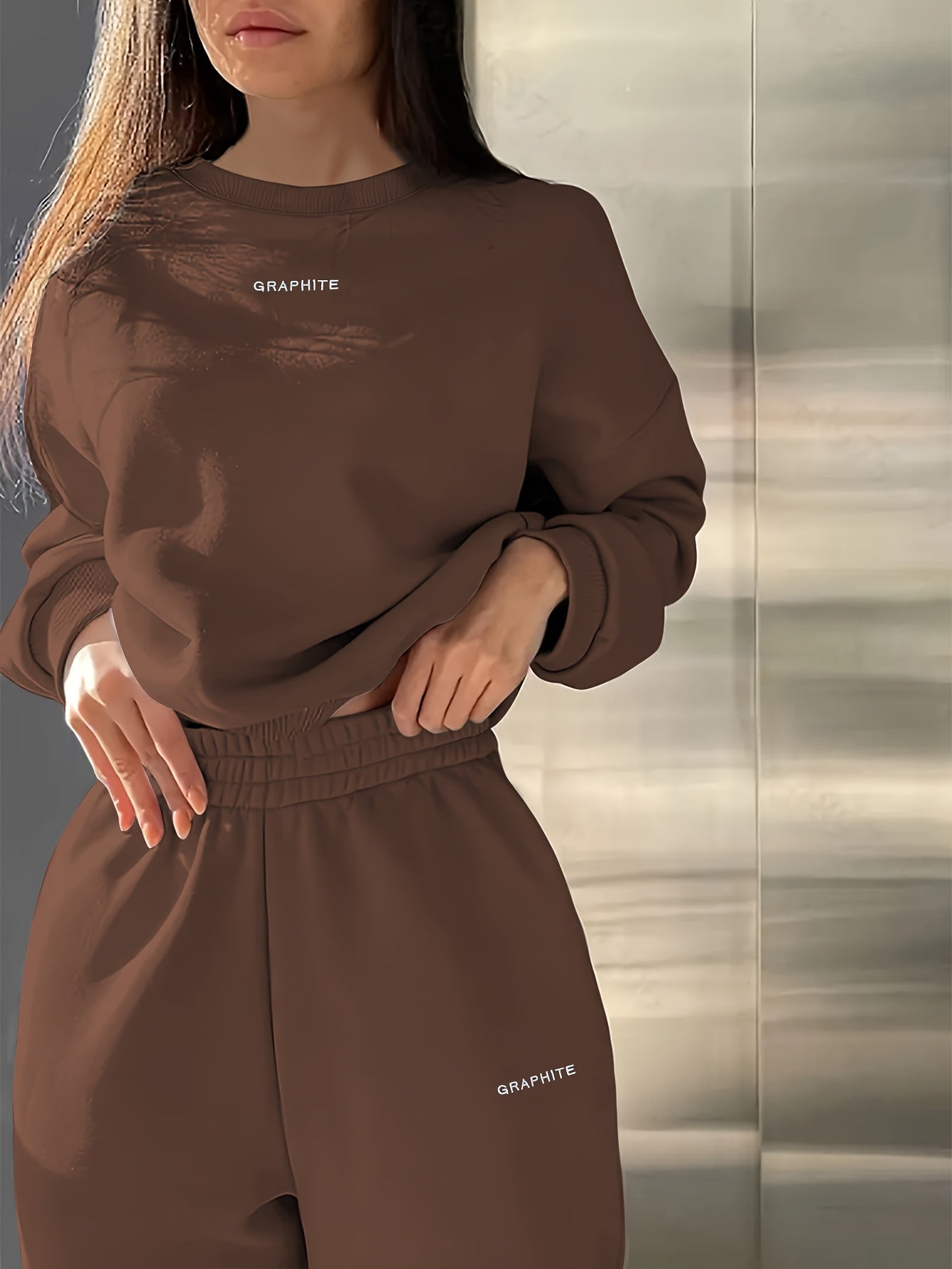 Damen-Sportset für Frühling/Herbst, 100% Polyester Langarm-Pullover mit besticktem Alphabet-Design, Rundhals-Absatzschulter Strickstoff, mittlere Dehnung, locker sitzendes Sweatshirt und Hose Set