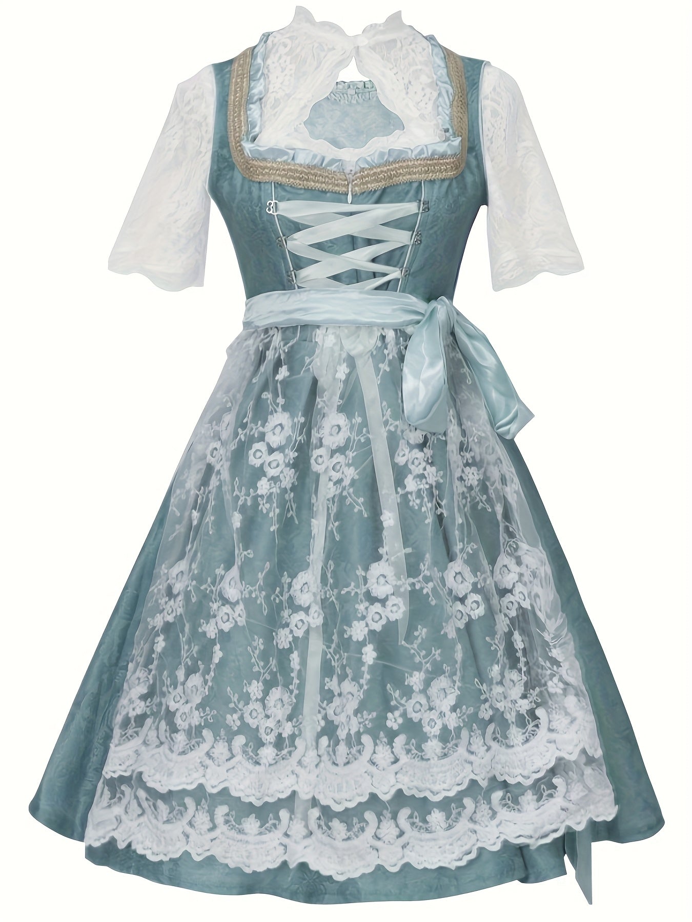 AquaVine Dirndl Dress – Vintage Floral Embroidered Knee-Length Dress for Oktoberfest