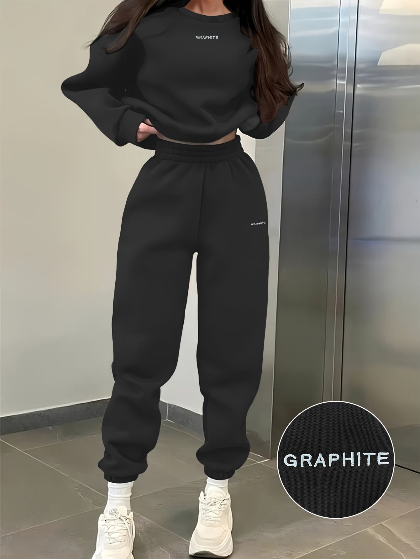 Damen-Sportset für Frühling/Herbst, 100% Polyester Langarm-Pullover mit besticktem Alphabet-Design, Rundhals-Absatzschulter Strickstoff, mittlere Dehnung, locker sitzendes Sweatshirt und Hose Set