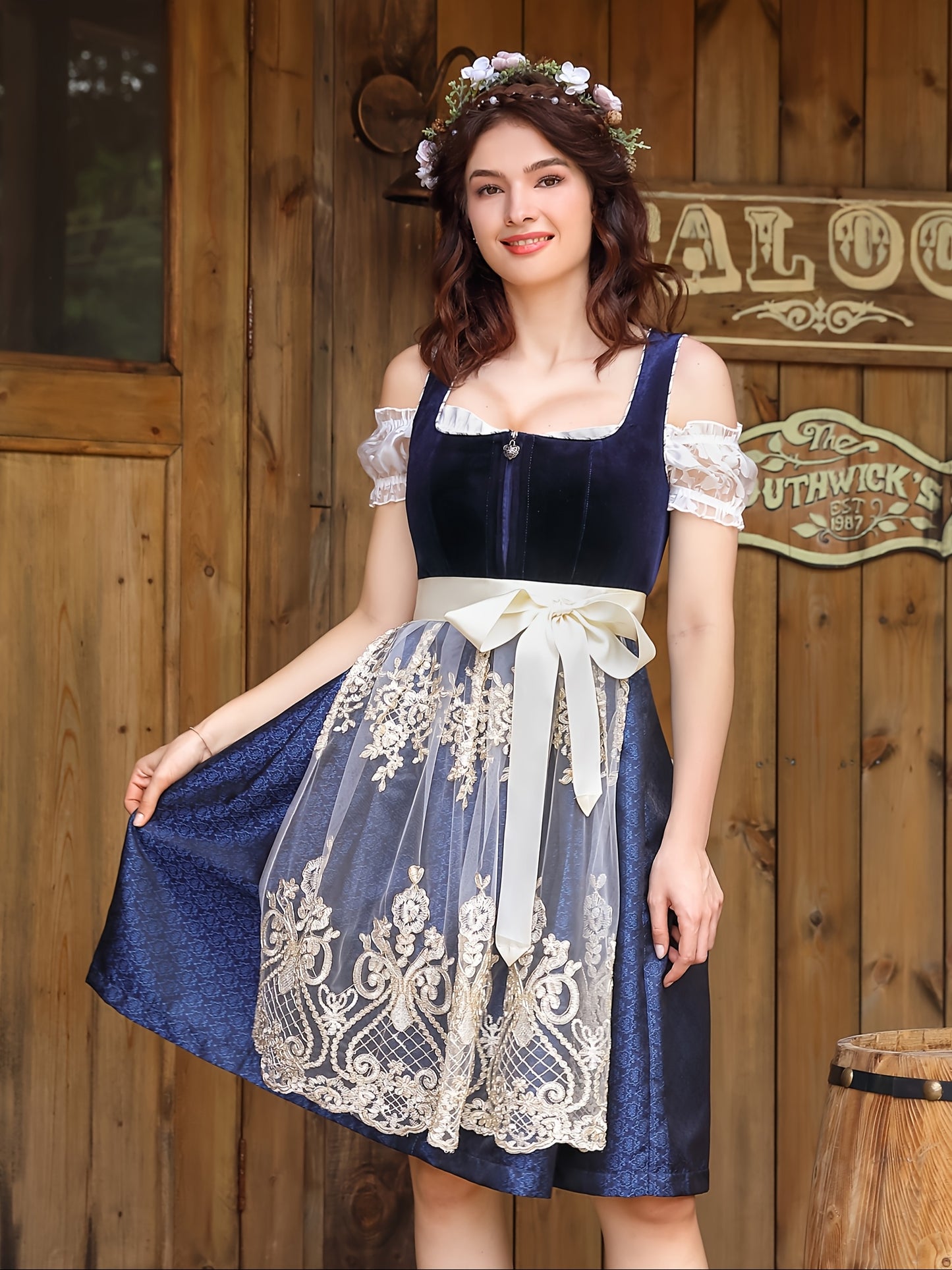 VelvetMuse Dirndl Dress – Elegant Bavarian Velvet Dress with Lace Sleeves