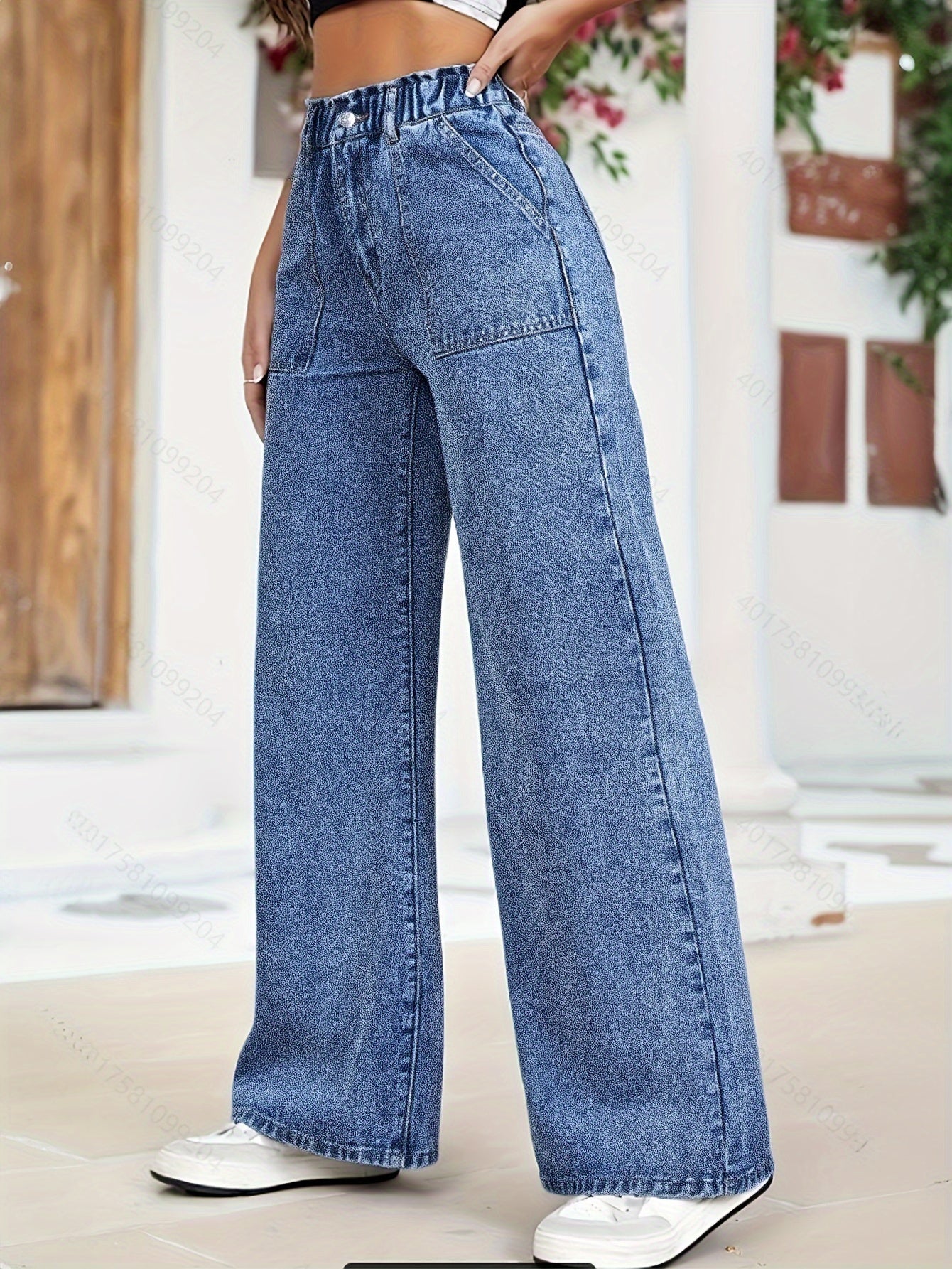 Stretchy Wide-Leg Denim – High-Rise Smocked Waist, Soft Flexible Pants