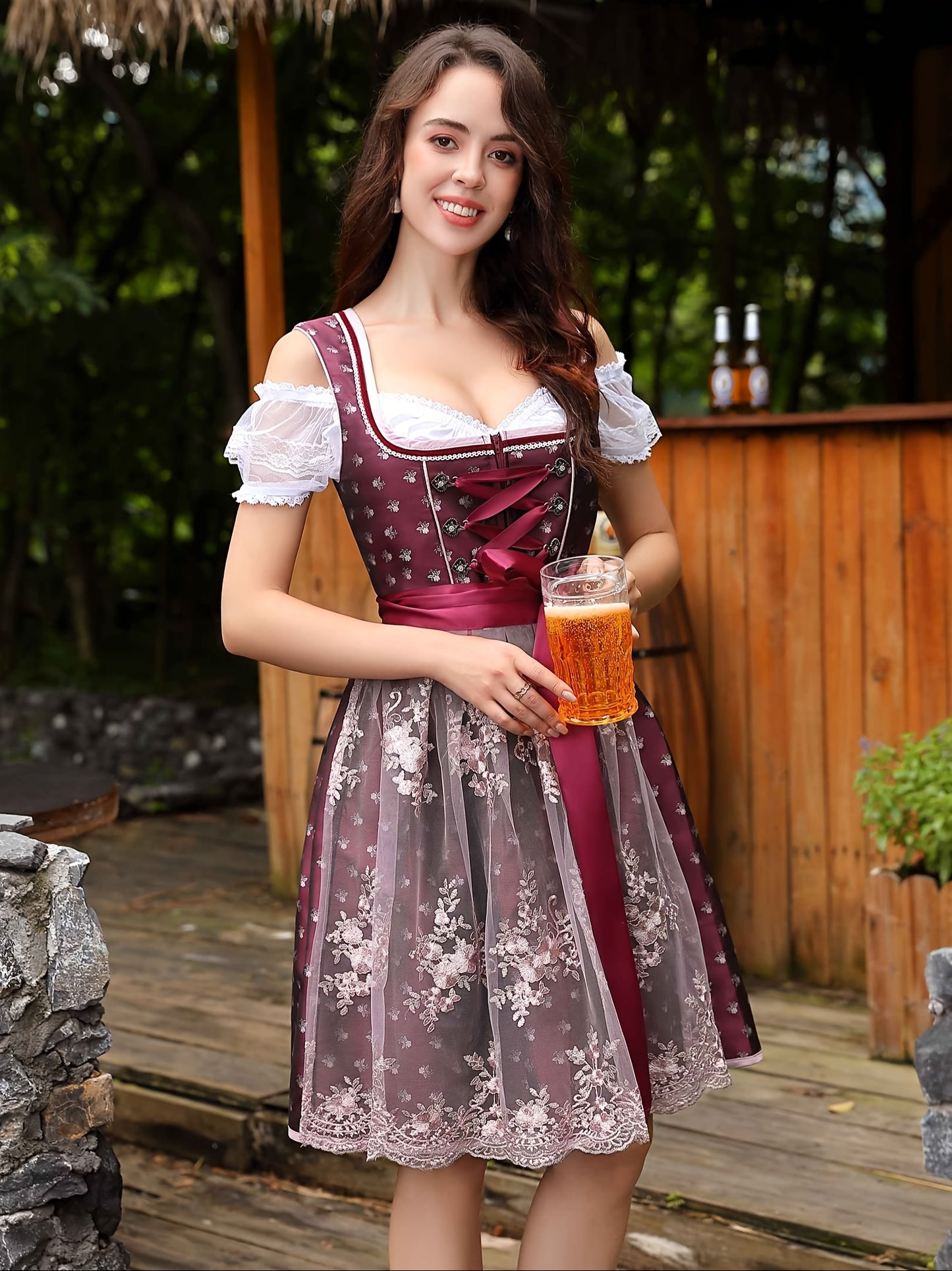 Vintage Black Floral Dirndl – Elegant Traditional Dress with Lace Apron