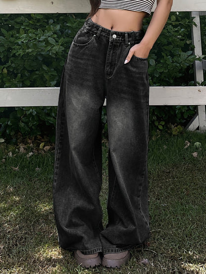Chic High-Waisted Wide-Leg Black Denim – Relaxed Fit Casual Jeans