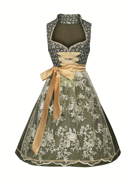 Vintage Olive Green Dirndl Dress – Alpine Style with Gold Lace & Floral Embroidery